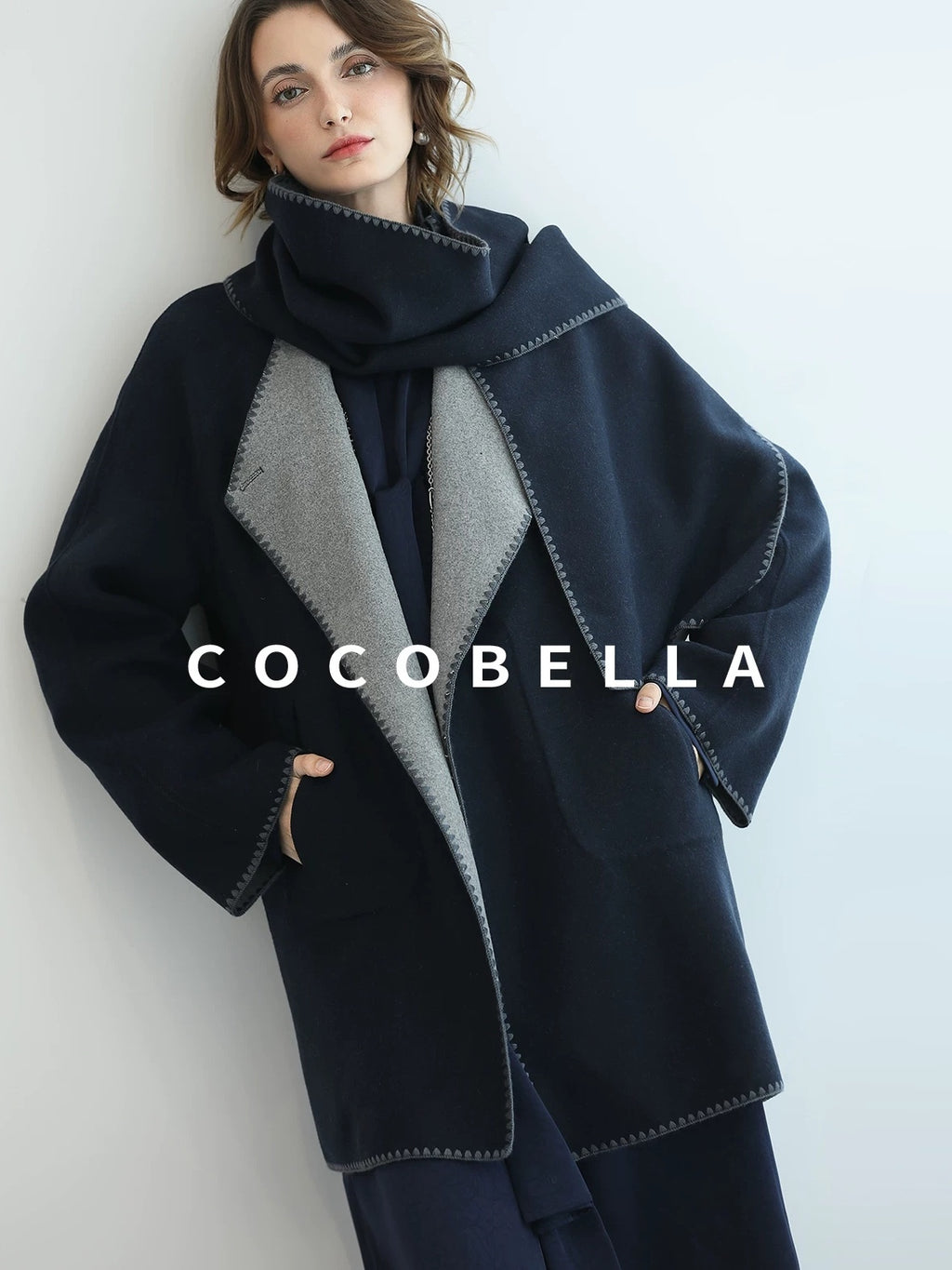COCOBELLA Thick Wool Blend Shell Embroidered Scarf Minimalist Loose Women Workwear Coats