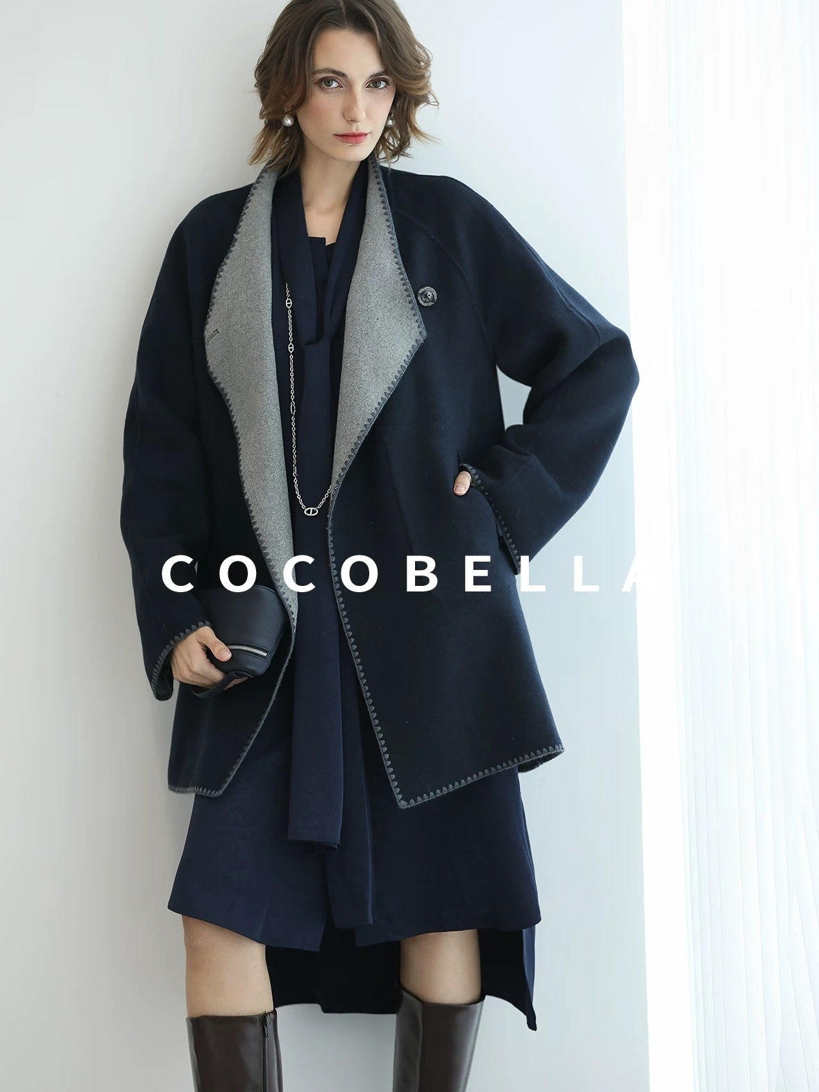 COCOBELLA Thick Wool Blend Shell Embroidered Scarf Minimalist Loose Women Workwear Coats