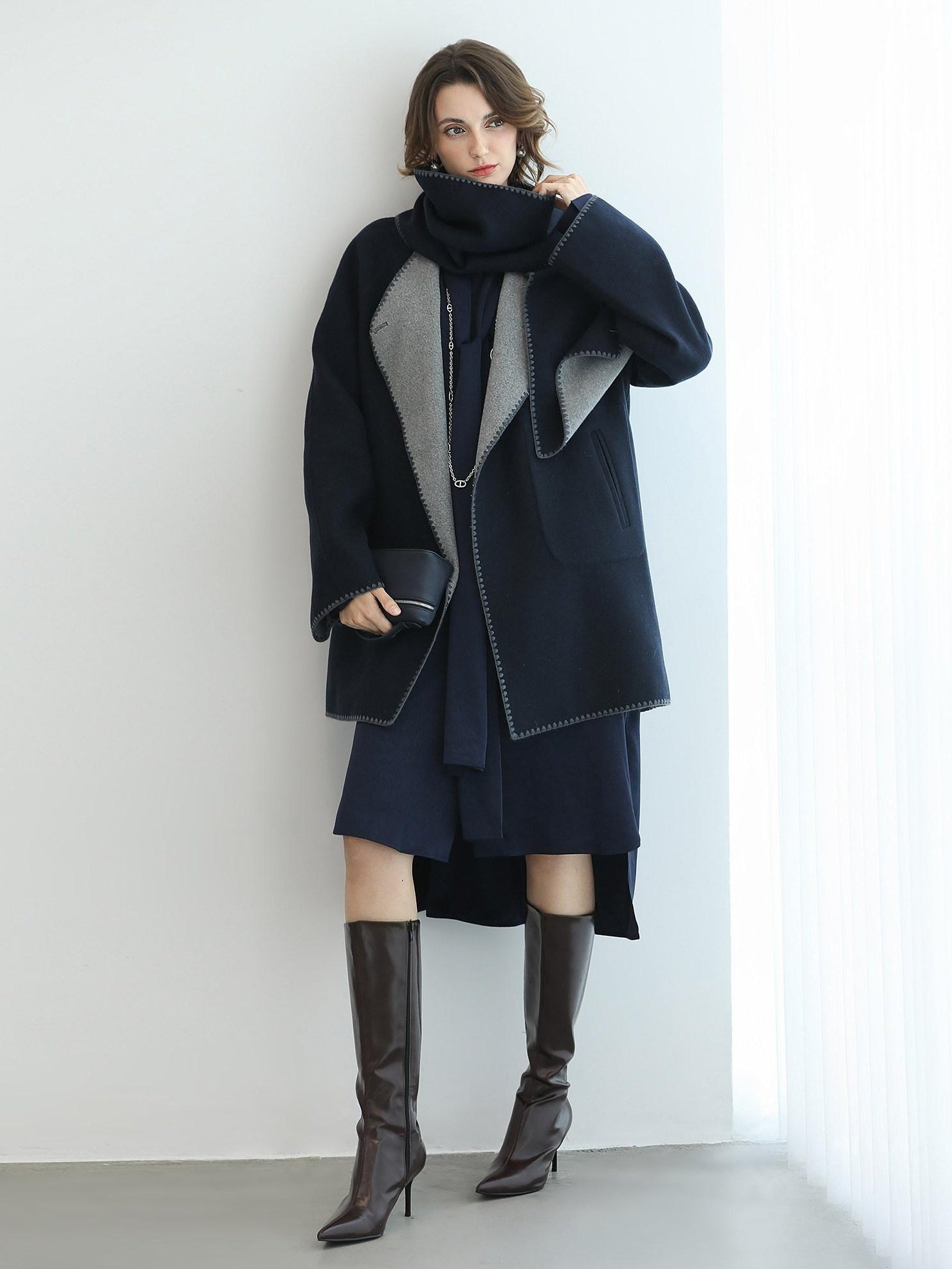 COCOBELLA Thick Wool Blend Shell Embroidered Scarf Minimalist Loose Women Workwear Coats