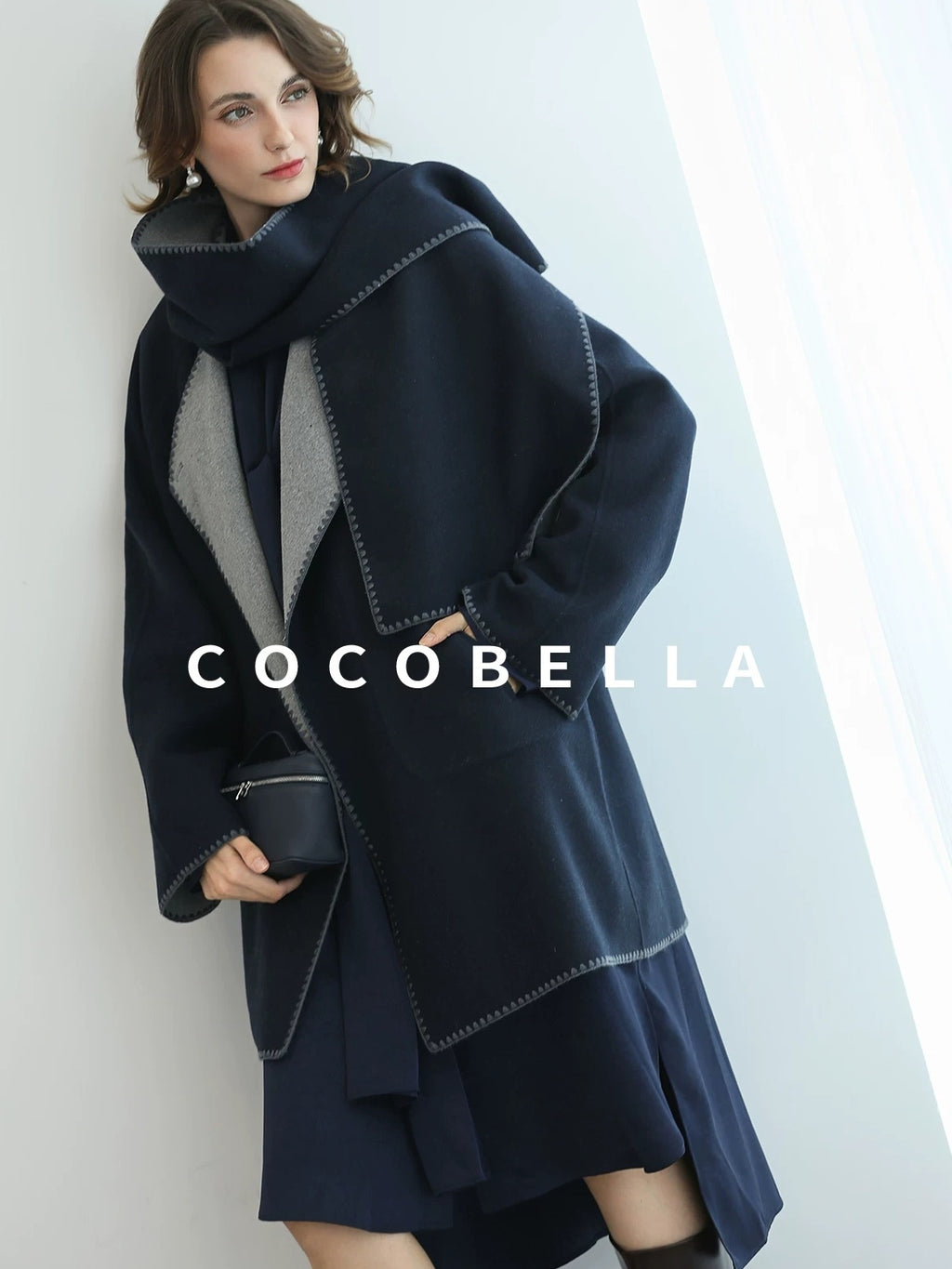 COCOBELLA Thick Wool Blend Shell Embroidered Scarf Minimalist Loose Women Workwear Coats