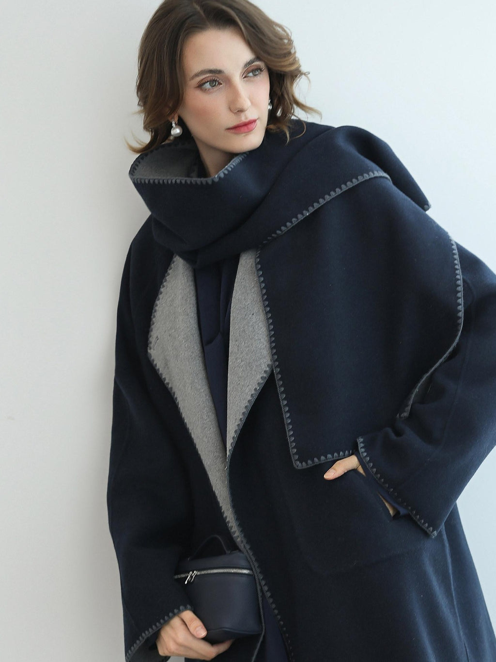 COCOBELLA Thick Wool Blend Shell Embroidered Scarf Minimalist Loose Women Workwear Coats