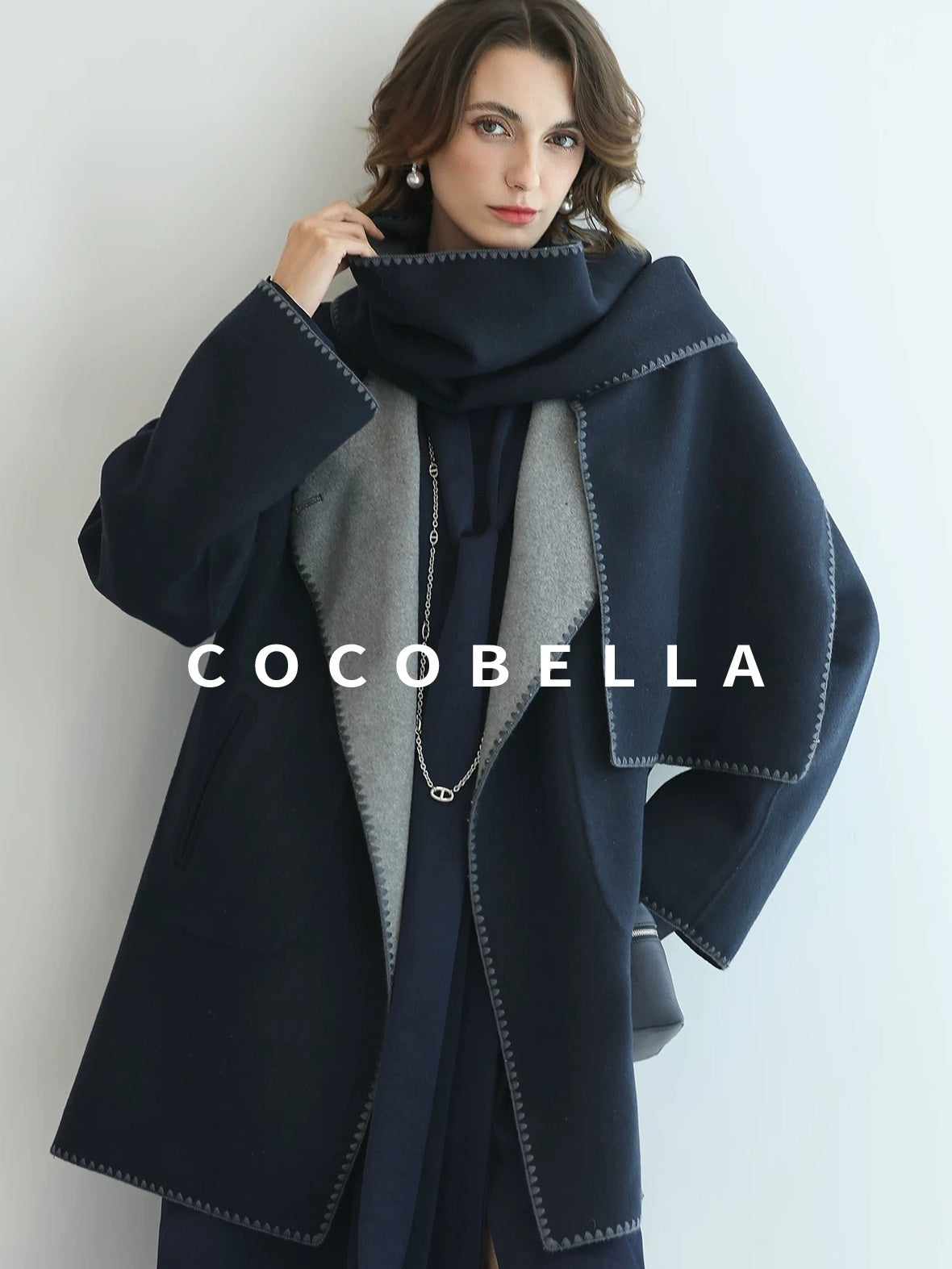 COCOBELLA Thick Wool Blend Shell Embroidered Scarf Minimalist Loose Women Workwear Coats