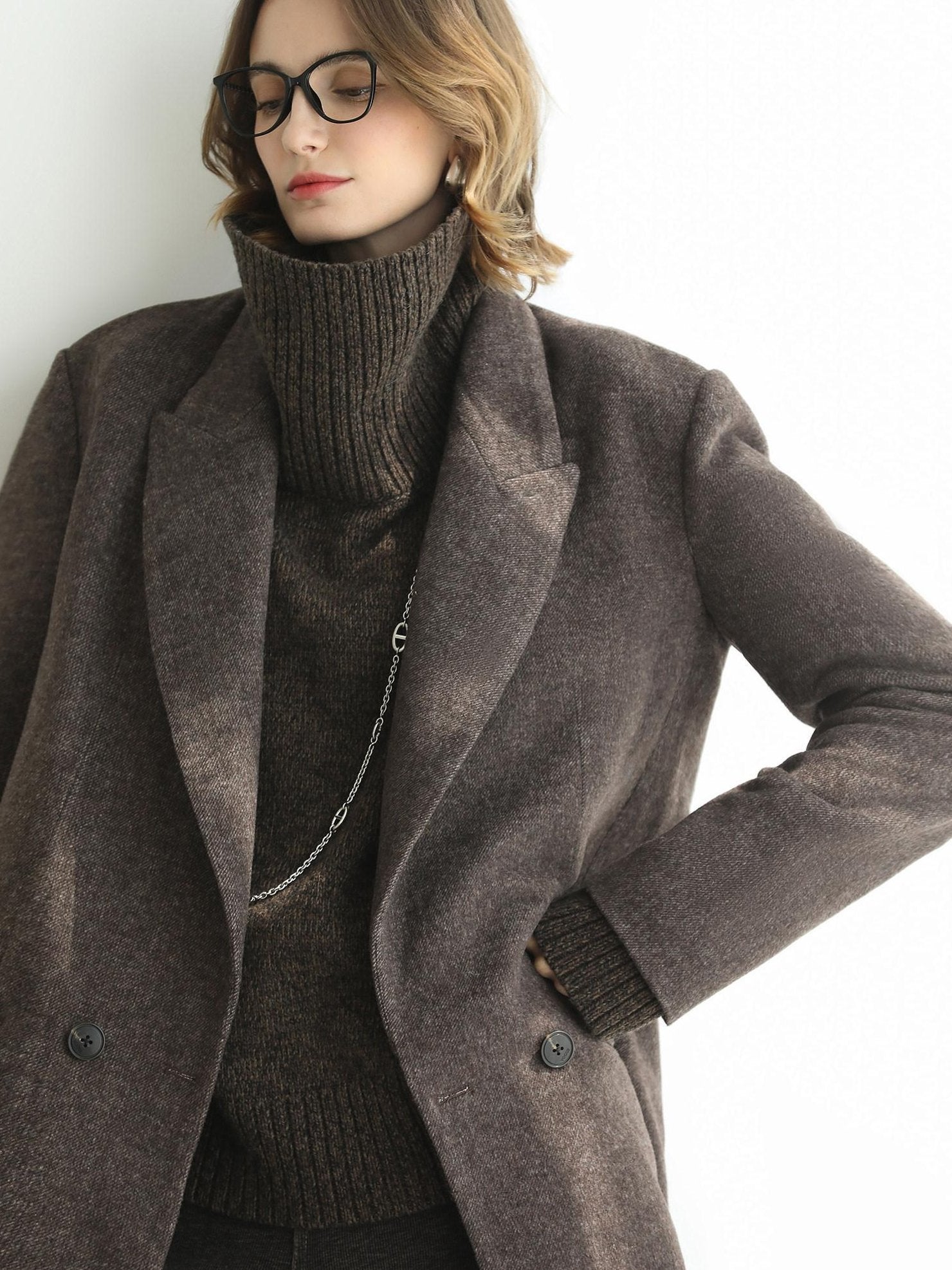 COCOBELLA Thick Wool Double Breasted Notch Lapel Loose Fit Women Wool Overcoats Jackets