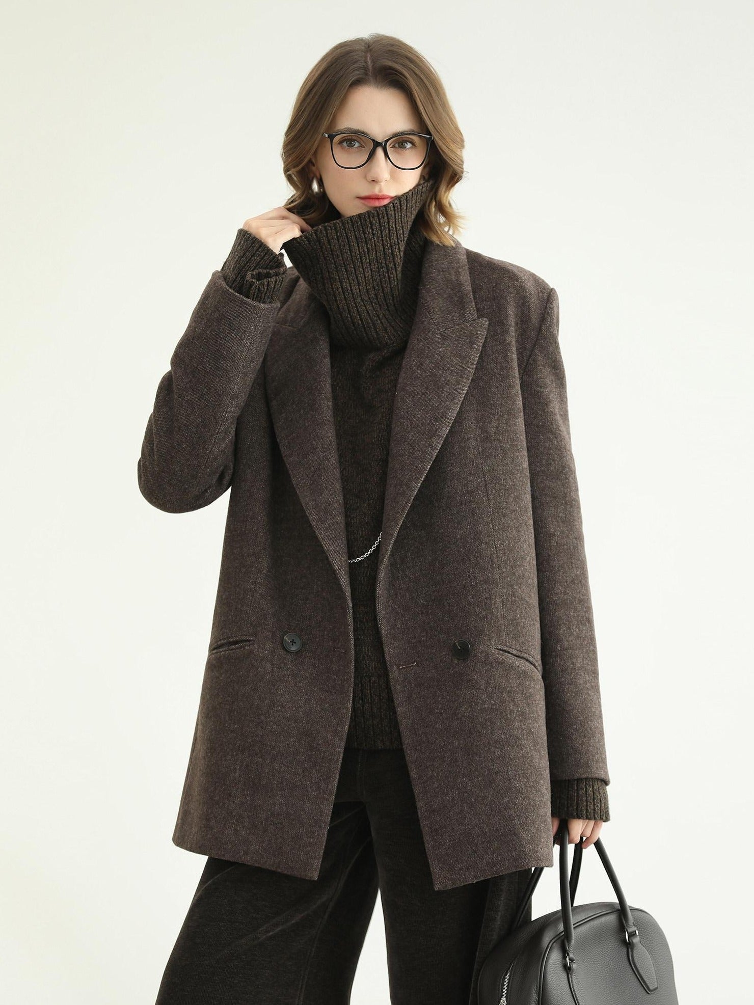 COCOBELLA Thick Wool Double Breasted Notch Lapel Loose Fit Women Wool Overcoats Jackets