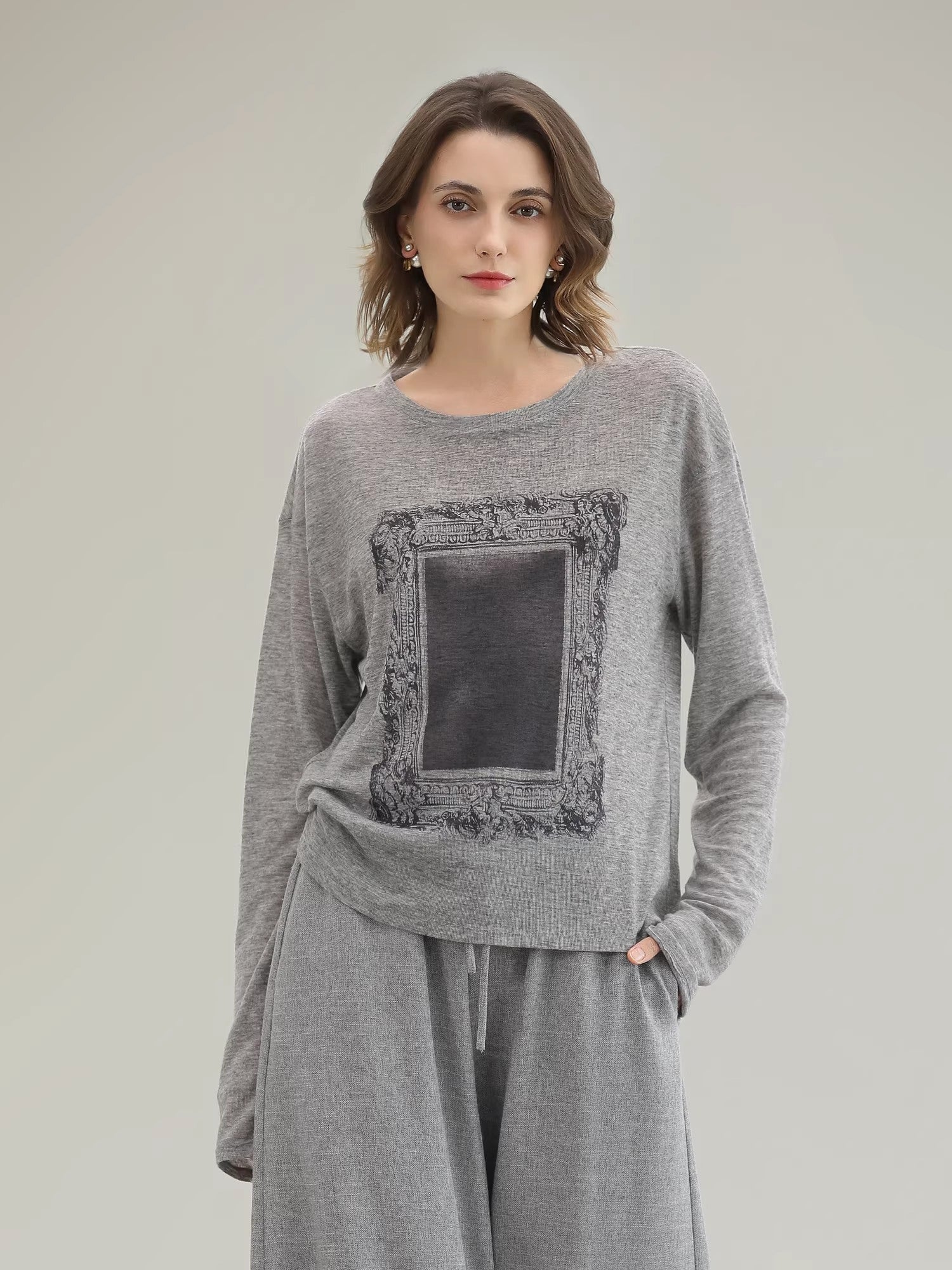 COCOBELLA_Thin_Creative_Print_Office_Straight_Fit_Round_Neck_Gray_Long_Sleeve_Shirts_MISSTT