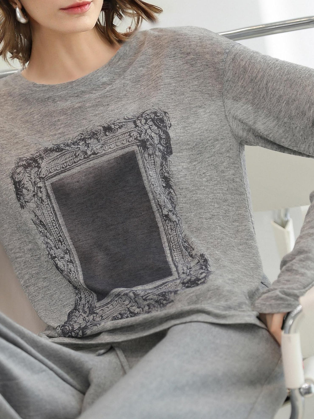 COCOBELLA Thin Creative Print Office Straight Fit Round Neck Gray Long Sleeve Shirts