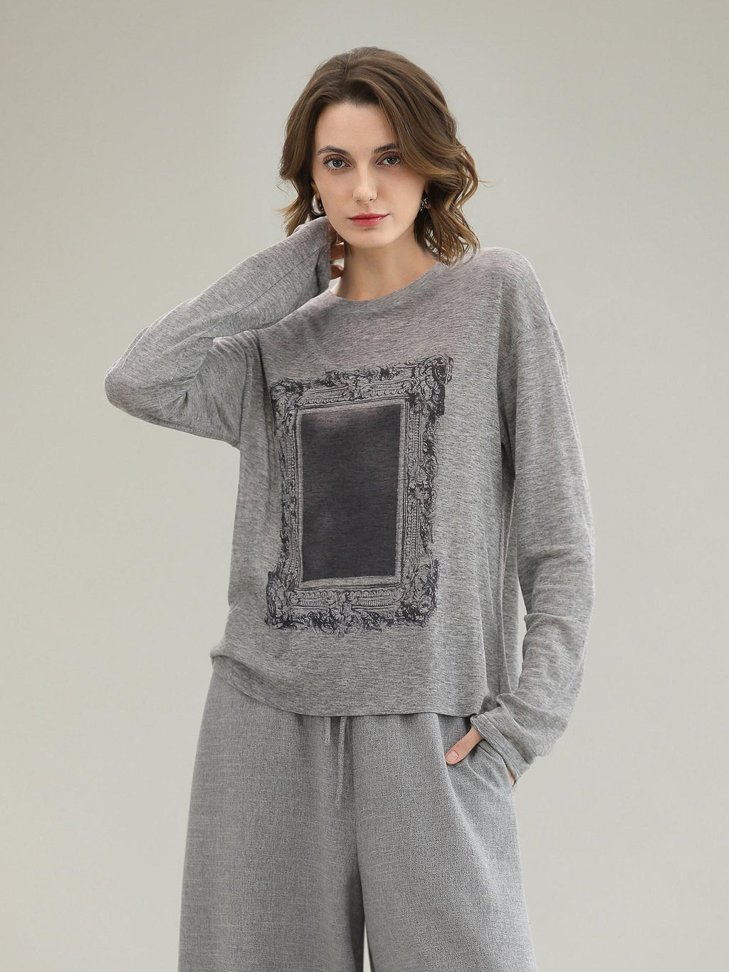 COCOBELLA Thin Creative Print Office Straight Fit Round Neck Gray Long Sleeve Shirts