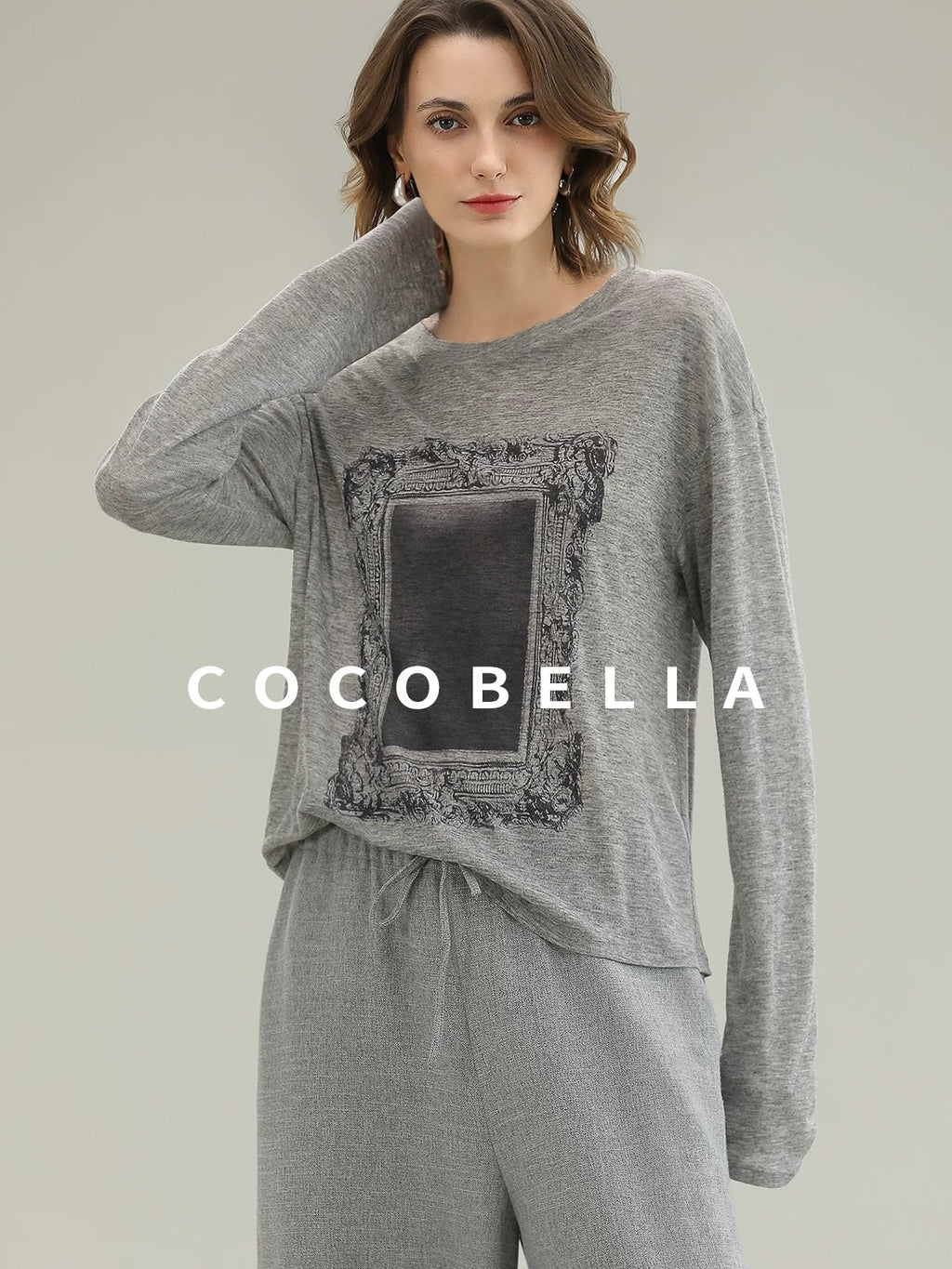COCOBELLA Thin Creative Print Office Straight Fit Round Neck Gray Long Sleeve Shirts