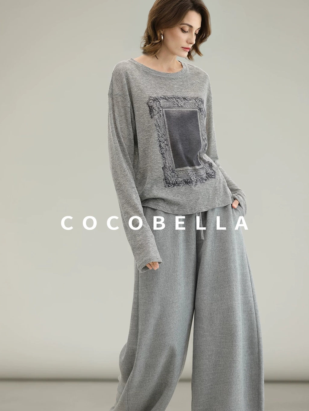 COCOBELLA Thin Creative Print Office Straight Fit Round Neck Gray Long Sleeve Shirts