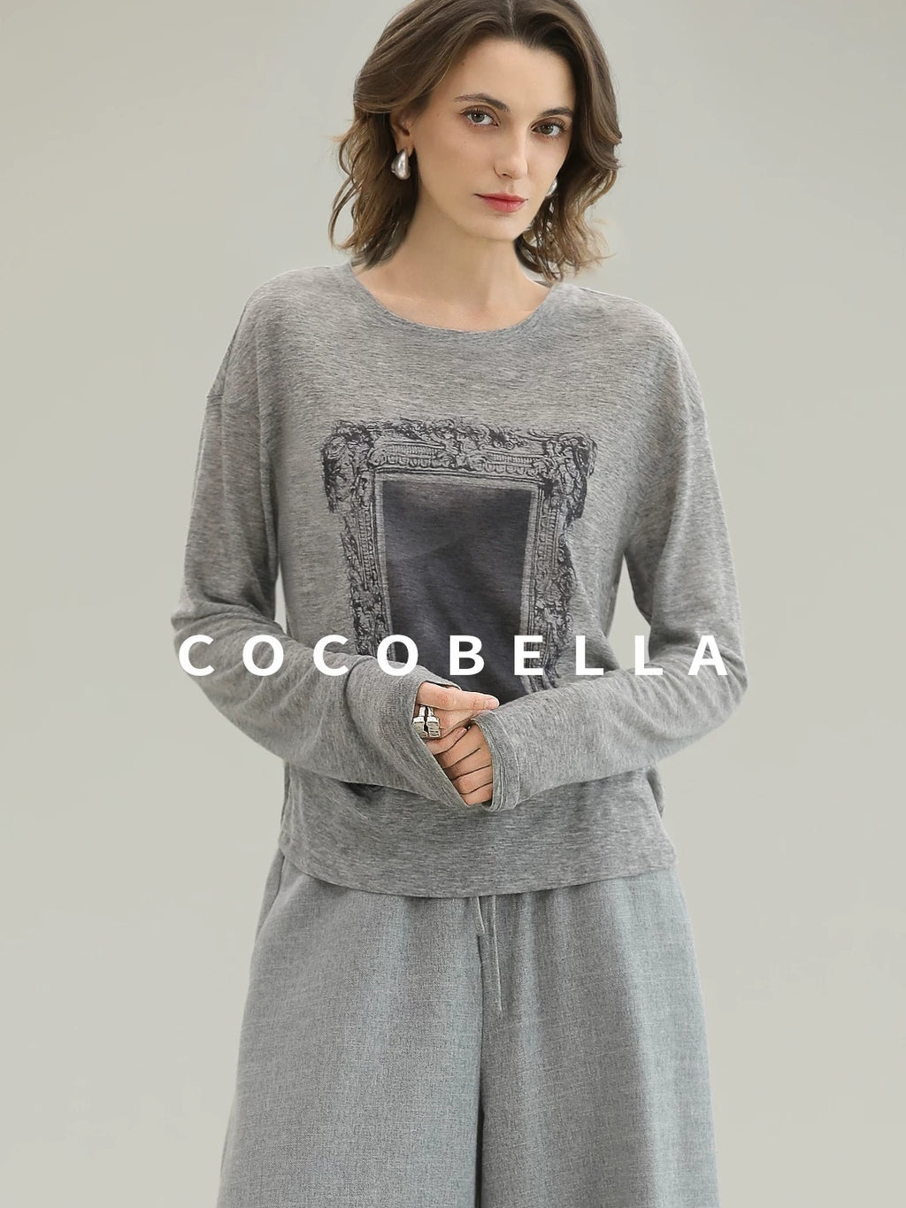COCOBELLA Thin Creative Print Office Straight Fit Round Neck Gray Long Sleeve Shirts