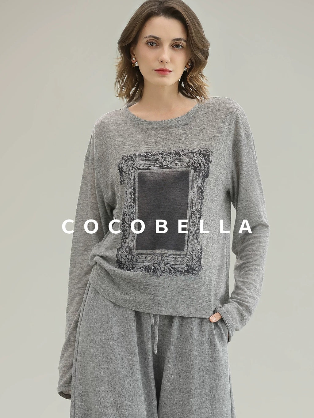 COCOBELLA Thin Creative Print Office Straight Fit Round Neck Gray Long Sleeve Shirts