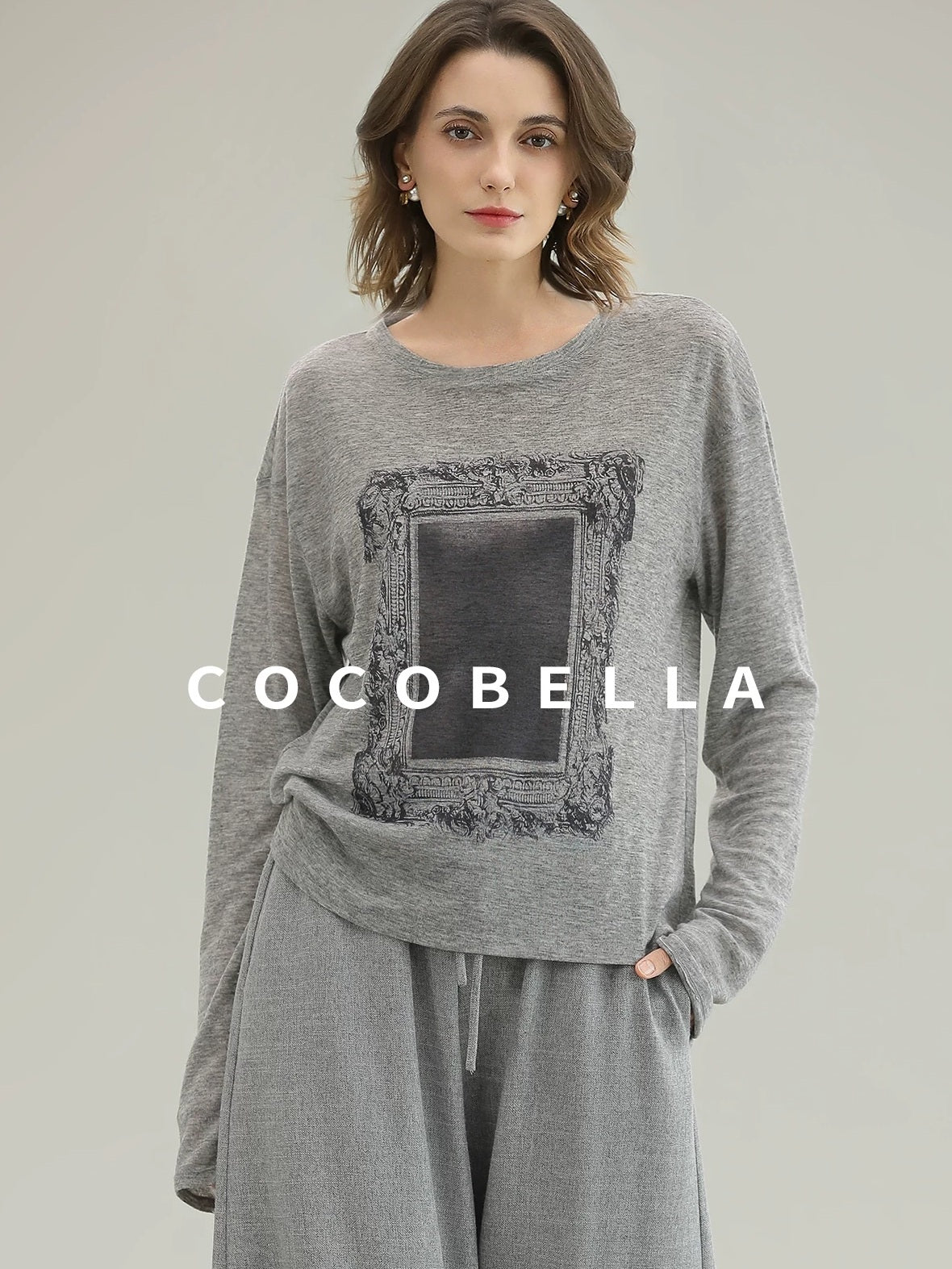 COCOBELLA Thin Creative Print Office Straight Fit Round Neck Gray Long Sleeve Shirts