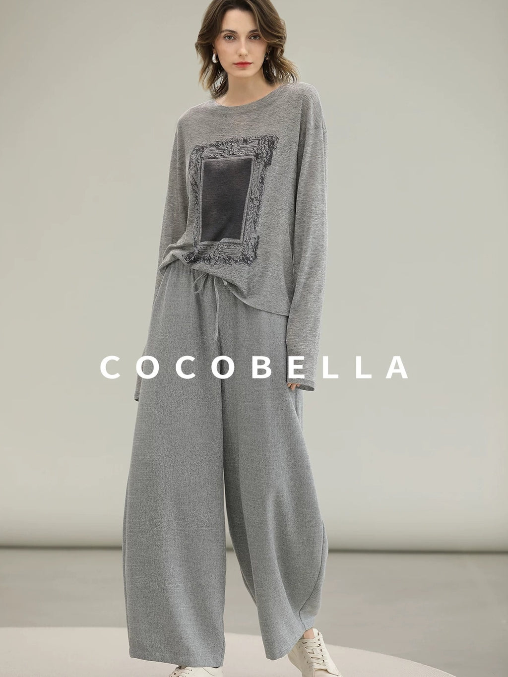 COCOBELLA Thin Creative Print Office Straight Fit Round Neck Gray Long Sleeve Shirts