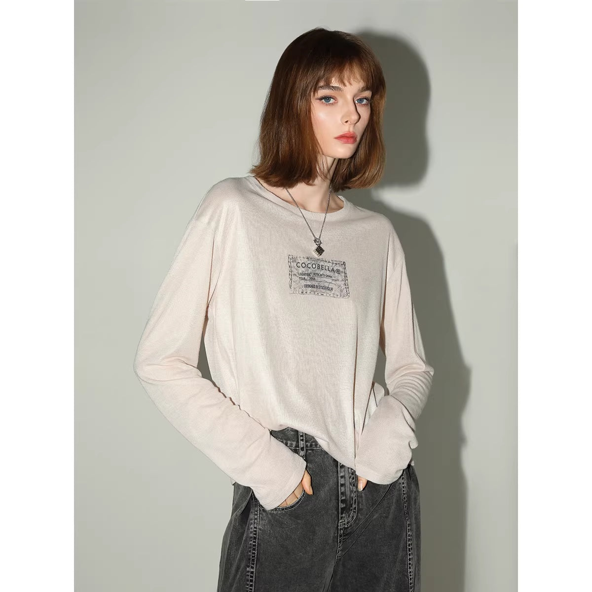 COCOBELLA_Thin_Printed_Letter_Long_Sleeve_Casual_Straight_Fit_Round_Neck_Ecru_Shirts_MISSTT