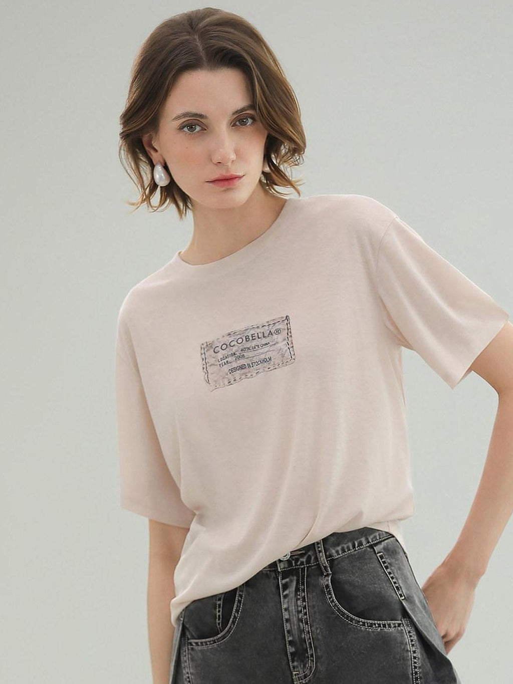 COCOBELLA Thin Printed Letter Long Sleeve Casual Straight Fit Round Neck Ecru Shirts