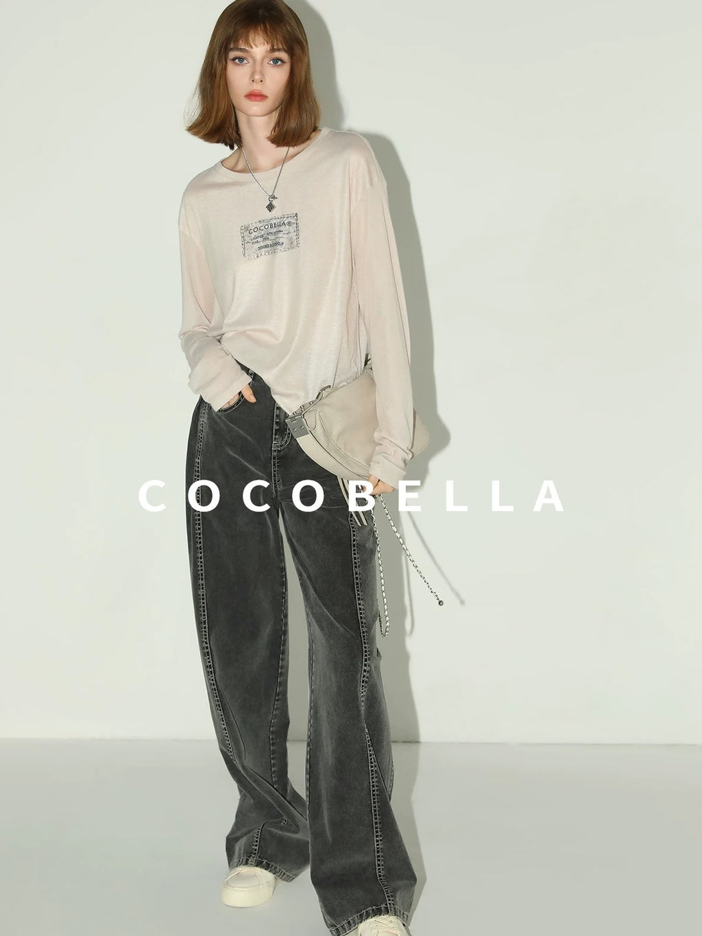 COCOBELLA Thin Printed Letter Long Sleeve Casual Straight Fit Round Neck Ecru Shirts