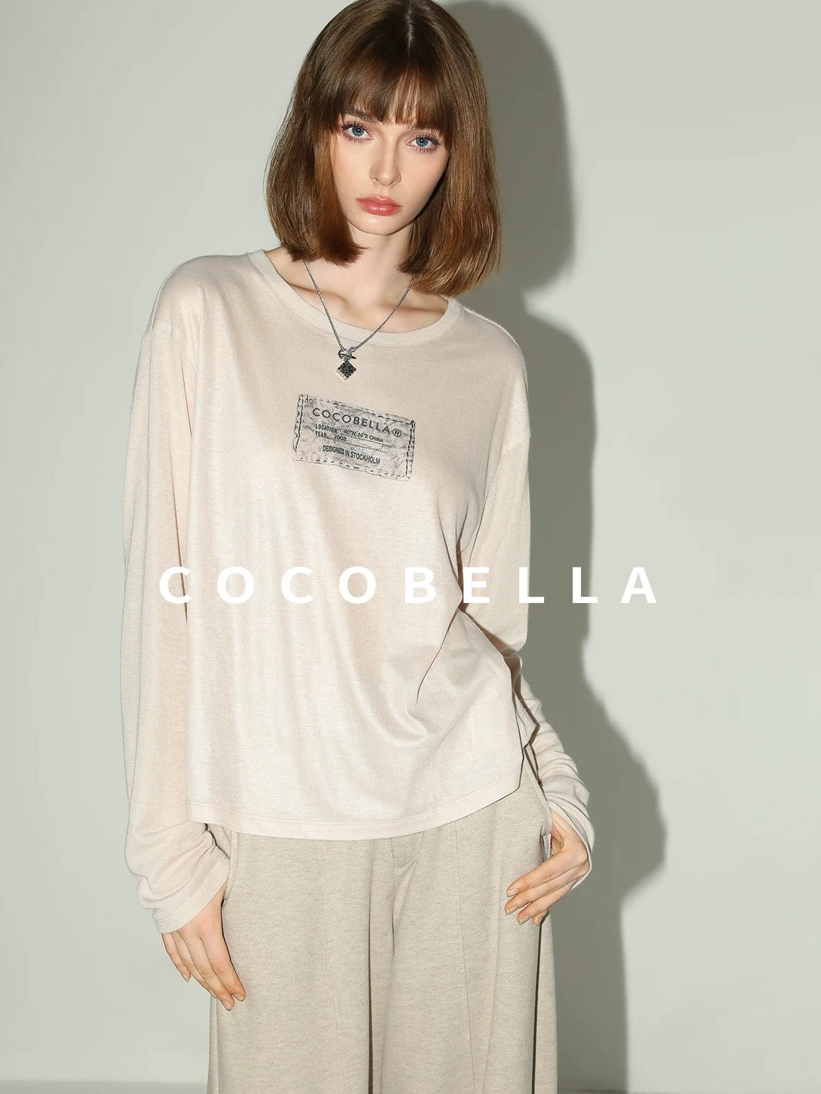 COCOBELLA Thin Printed Letter Long Sleeve Casual Straight Fit Round Neck Ecru Shirts