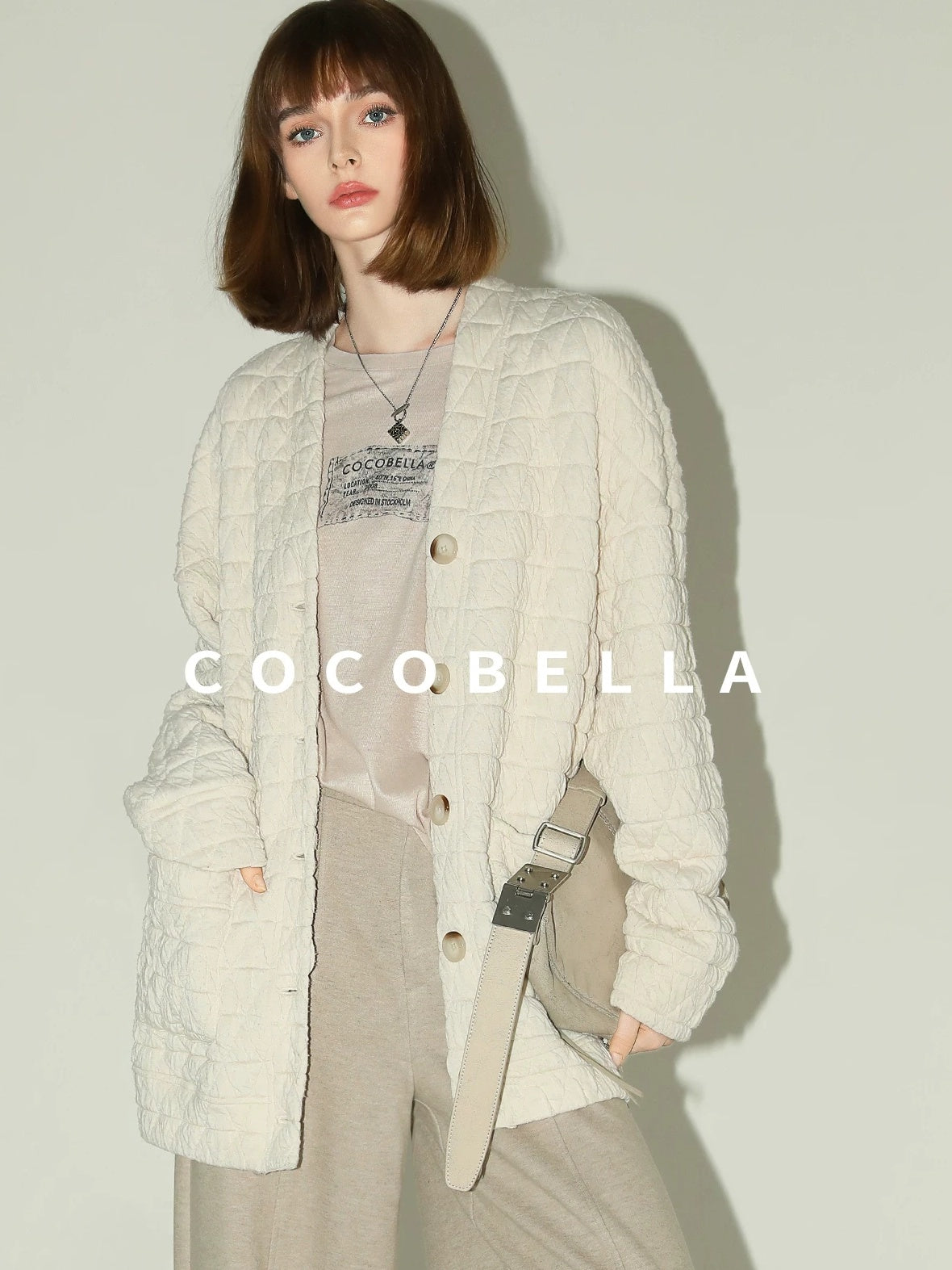 COCOBELLA Thin Printed Letter Long Sleeve Casual Straight Fit Round Neck Ecru Shirts