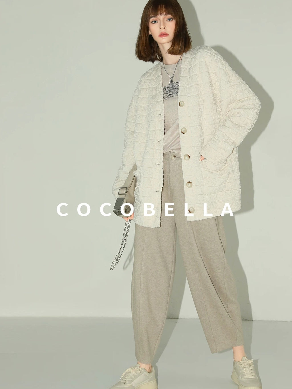 COCOBELLA Thin Printed Letter Long Sleeve Casual Straight Fit Round Neck Ecru Shirts