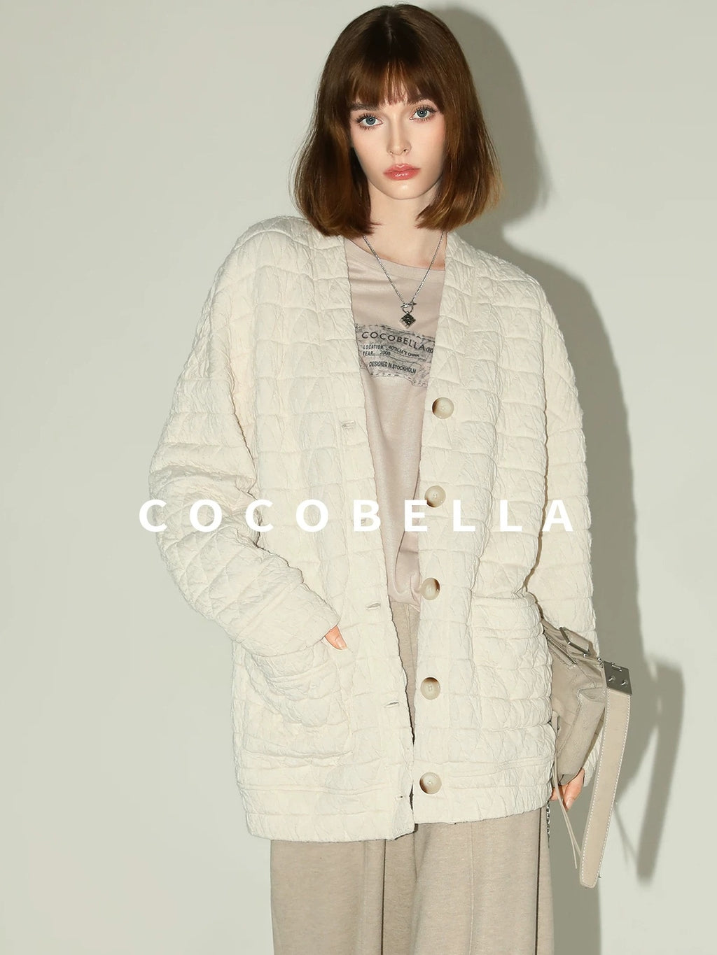 COCOBELLA Thin Printed Letter Long Sleeve Casual Straight Fit Round Neck Ecru Shirts