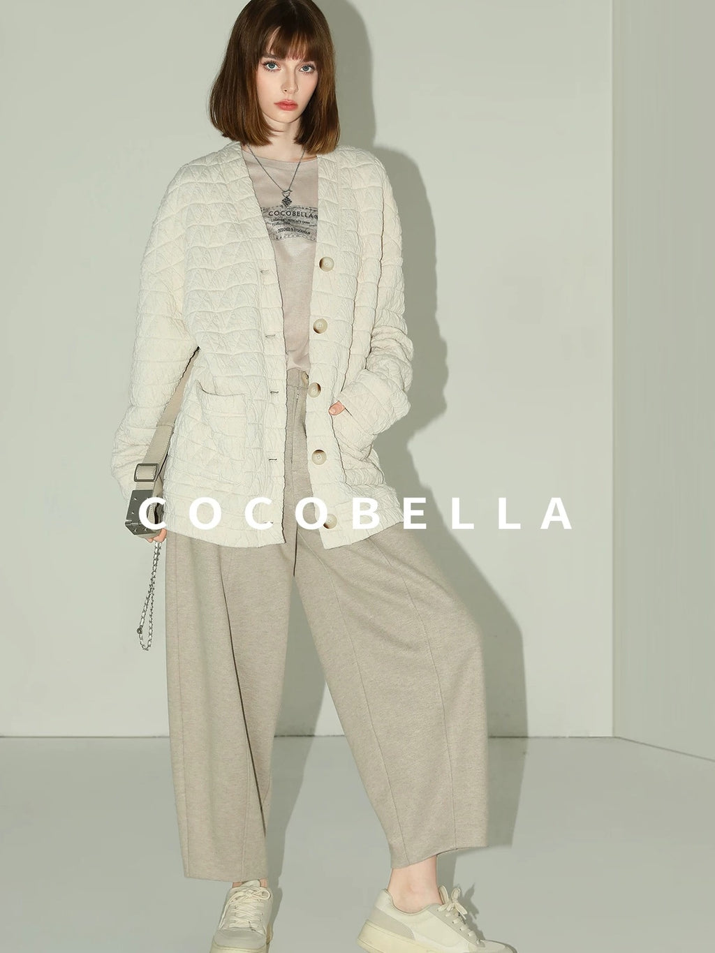 COCOBELLA Thin Printed Letter Long Sleeve Casual Straight Fit Round Neck Ecru Shirts