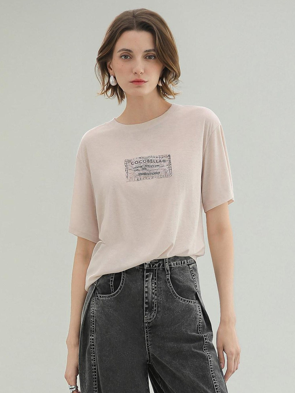 COCOBELLA Thin Printed Letter Long Sleeve Casual Straight Fit Round Neck Ecru Shirts