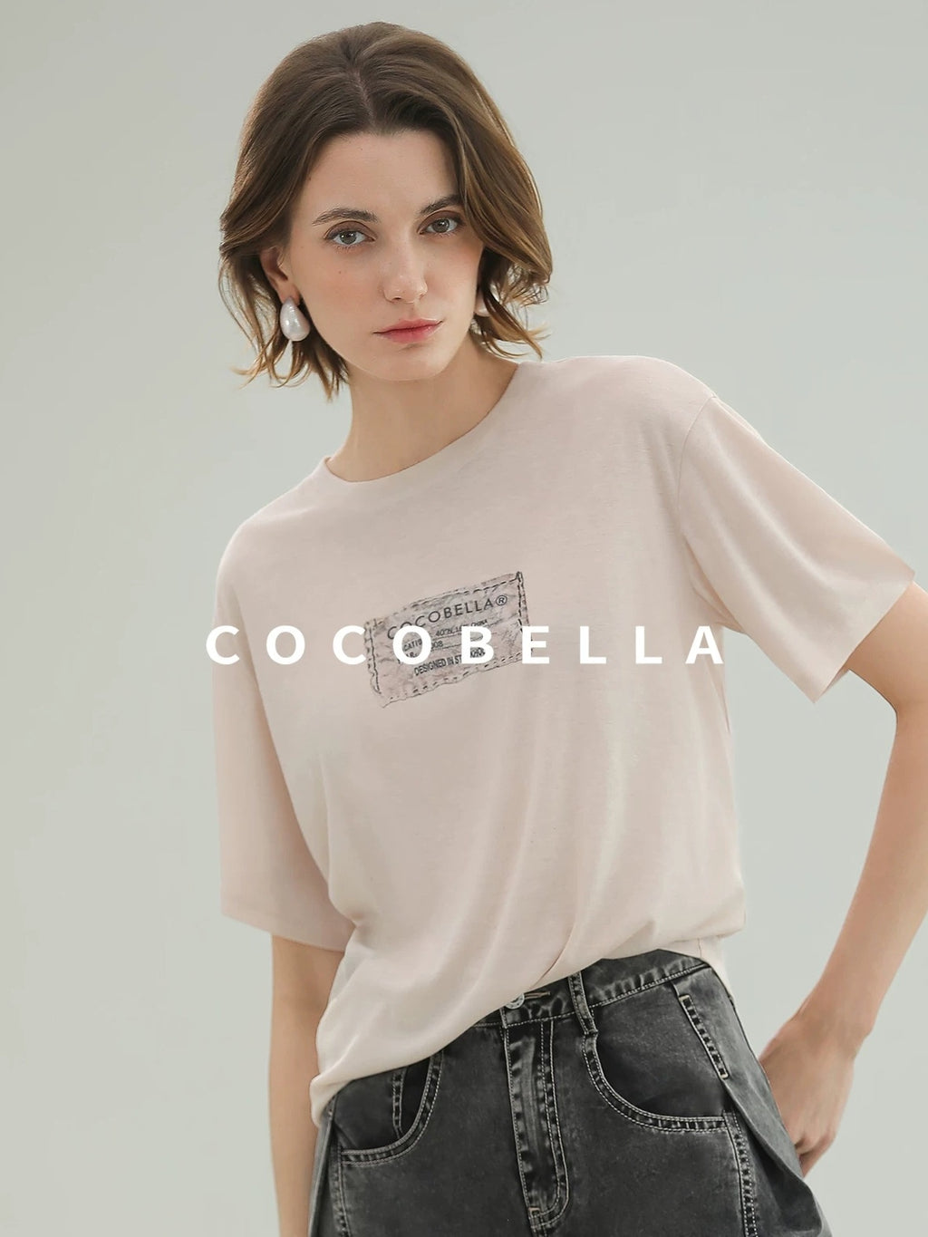 COCOBELLA Thin Printed Letter Long Sleeve Casual Straight Fit Round Neck Ecru Shirts