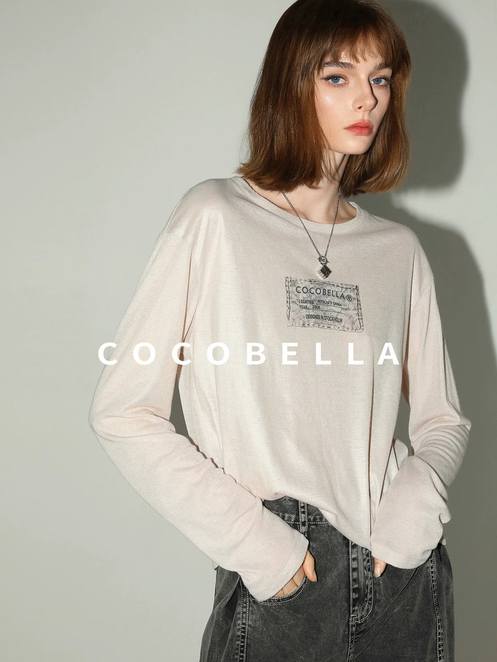 COCOBELLA Thin Printed Letter Long Sleeve Casual Straight Fit Round Neck Ecru Shirts