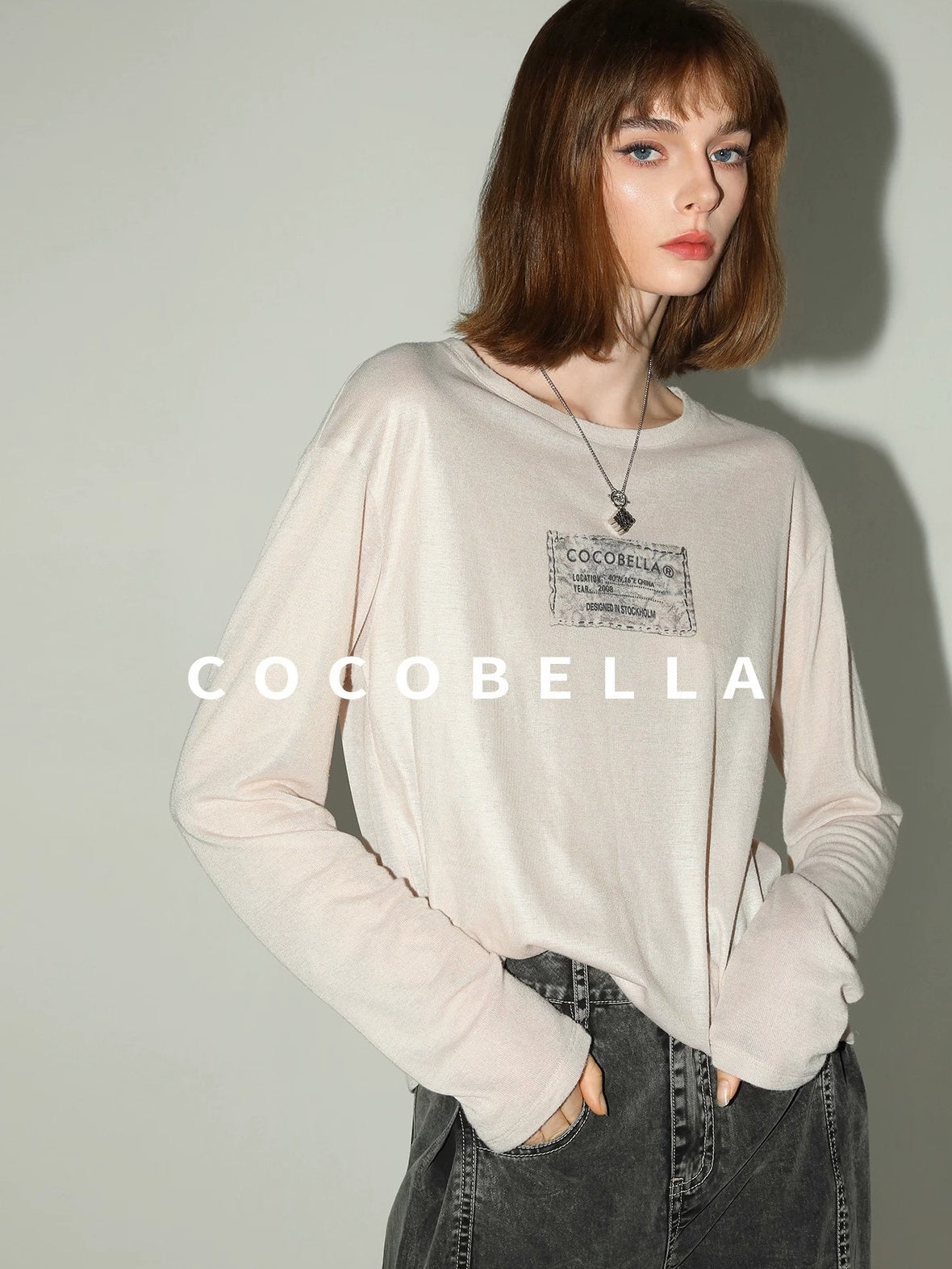COCOBELLA Thin Printed Letter Long Sleeve Casual Straight Fit Round Neck Ecru Shirts