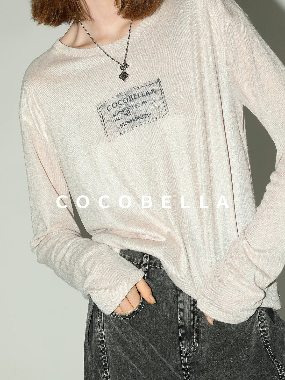 COCOBELLA Thin Printed Letter Long Sleeve Casual Straight Fit Round Neck Ecru Shirts