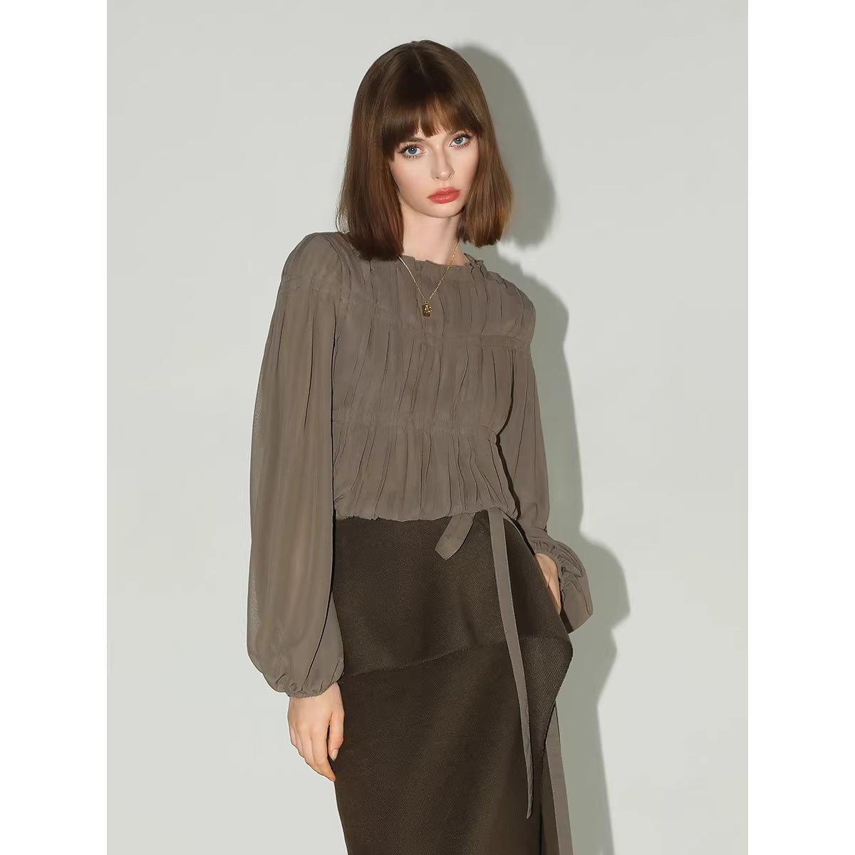 COCOBELLA_Tie_Detail_French_Chic_Straight_Fit_Puff_Long_Sleeve_Women_Polyester_Shirts_MISSTT