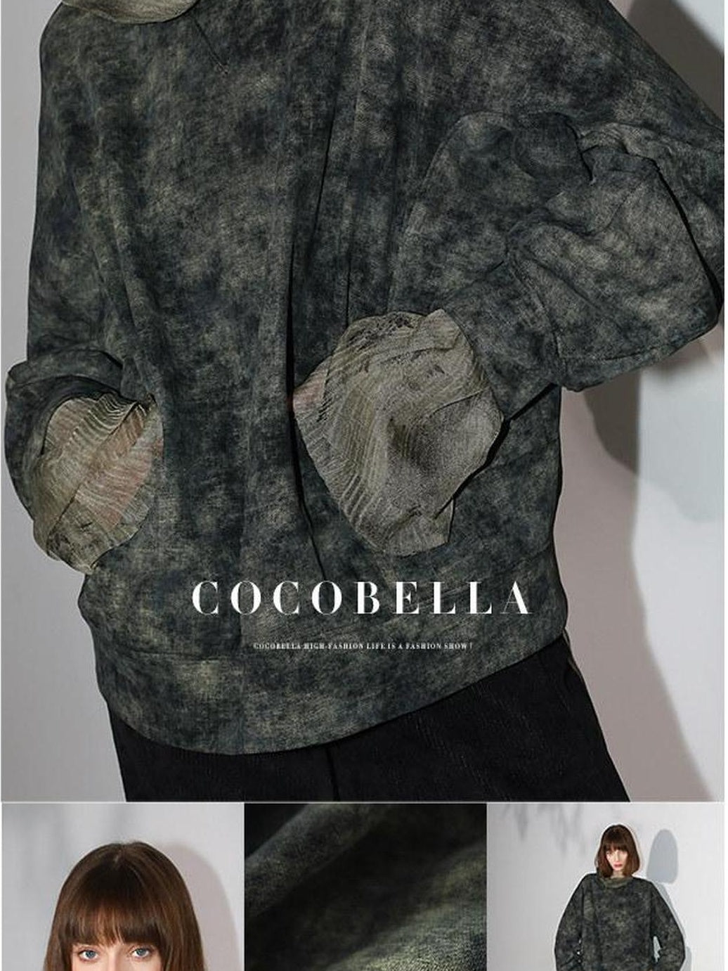 COCOBELLA Tie Dye Patchwork Pocket Crewneck Streetwear Cotton Blend Knit Sweatshirts