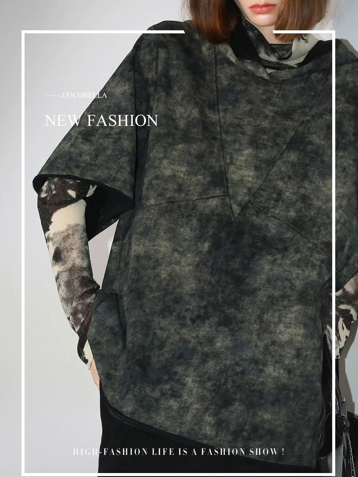 COCOBELLA Tie Dye Patchwork Pocket Crewneck Streetwear Cotton Blend Knit Sweatshirts