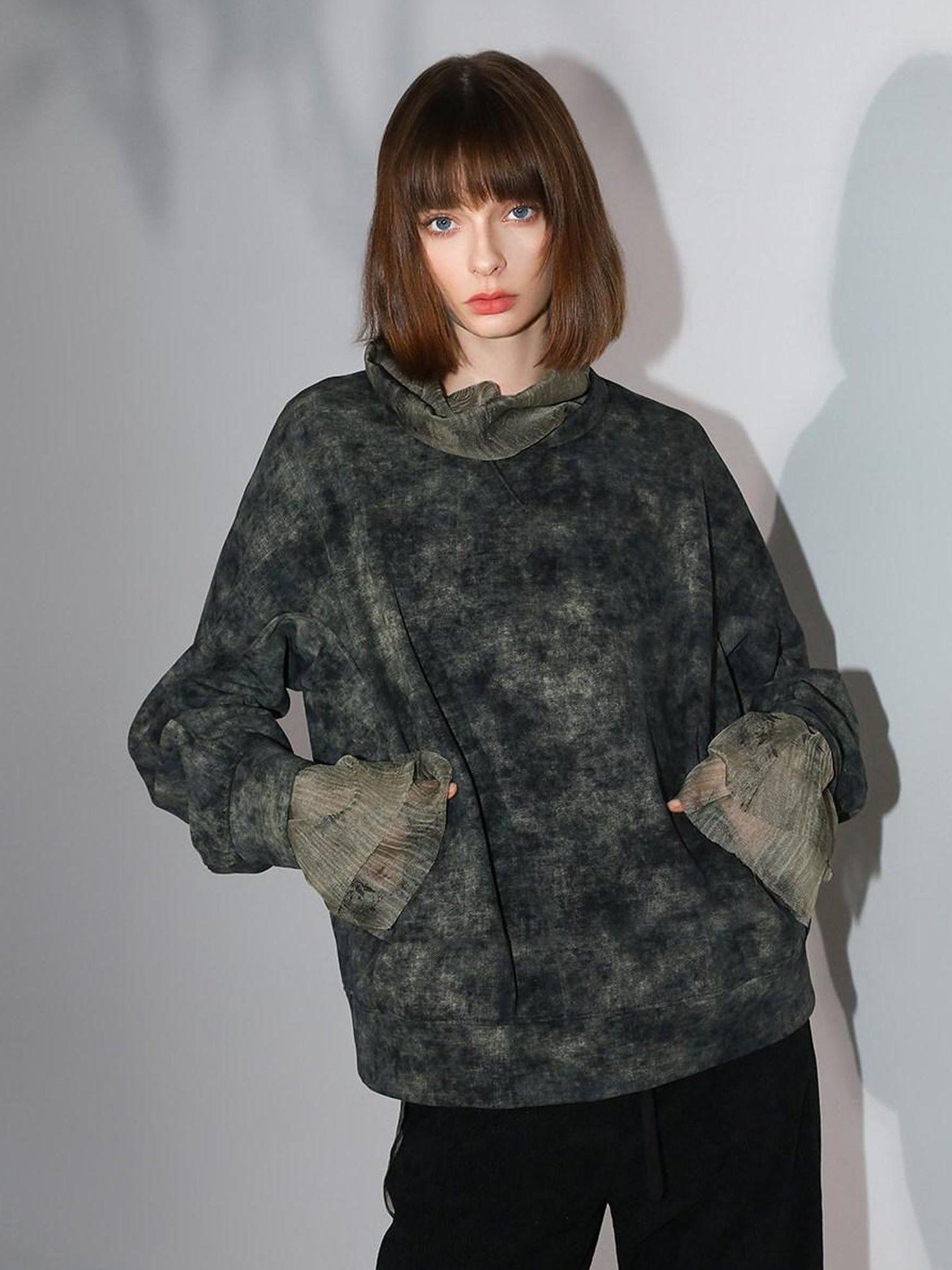 COCOBELLA Tie Dye Patchwork Pocket Crewneck Streetwear Cotton Blend Knit Sweatshirts