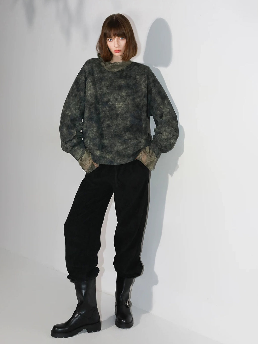 COCOBELLA Tie Dye Patchwork Pocket Crewneck Streetwear Cotton Blend Knit Sweatshirts