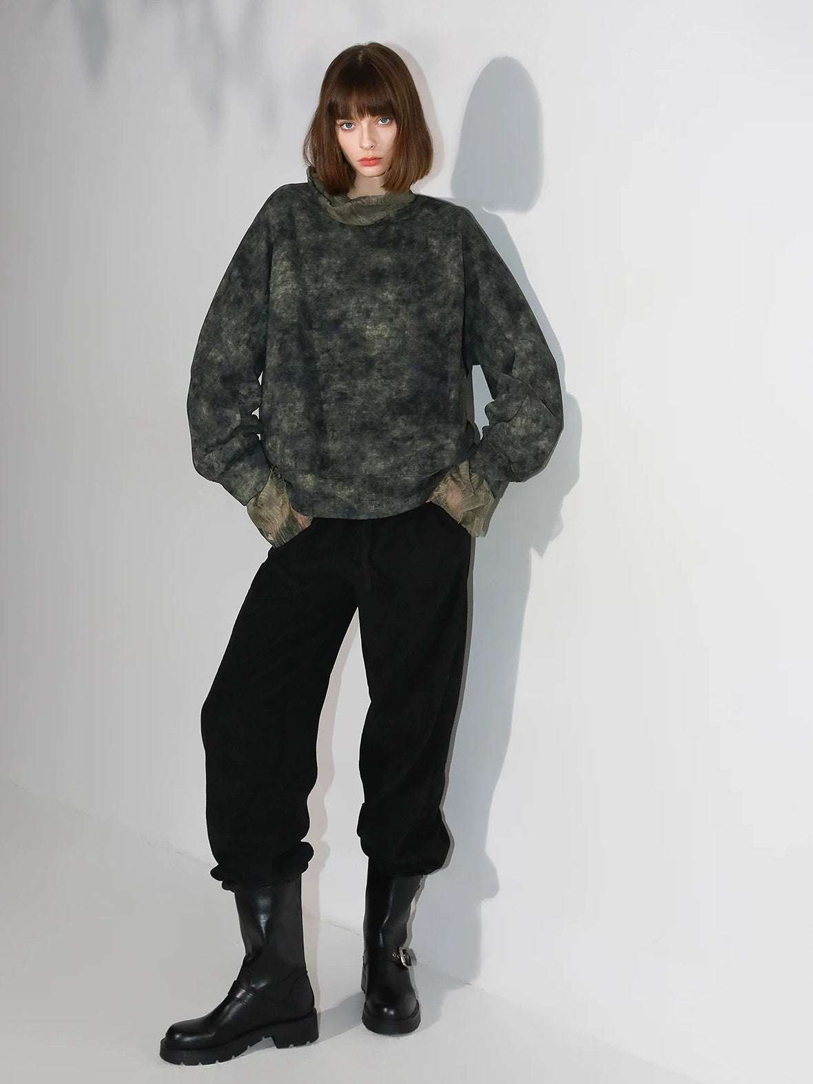 COCOBELLA Tie Dye Patchwork Pocket Crewneck Streetwear Cotton Blend Knit Sweatshirts