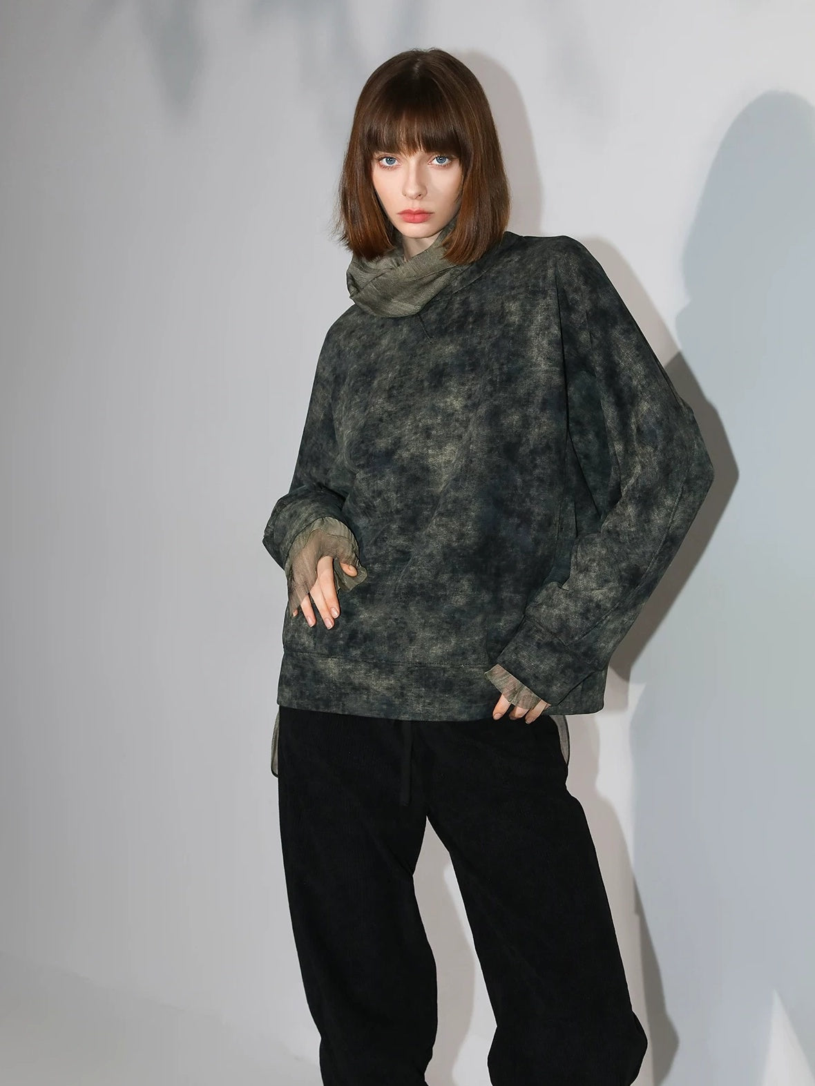 COCOBELLA Tie Dye Patchwork Pocket Crewneck Streetwear Cotton Blend Knit Sweatshirts