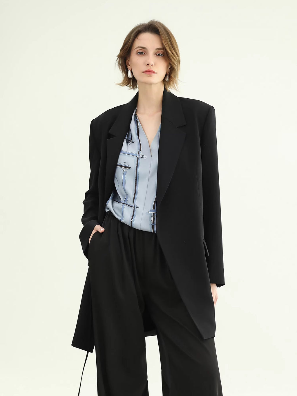 COCOBELLA_Tie_Waist_Pocketed_Straight_Cut_Longline_Women_Office_Black_Polyester_Blazers_MISSTT