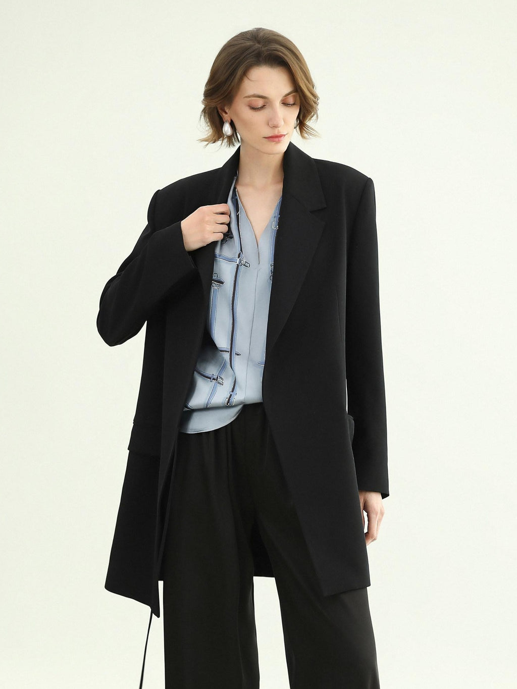 COCOBELLA Tie Waist Pocketed Straight Cut Longline Women Office Black Polyester Blazers