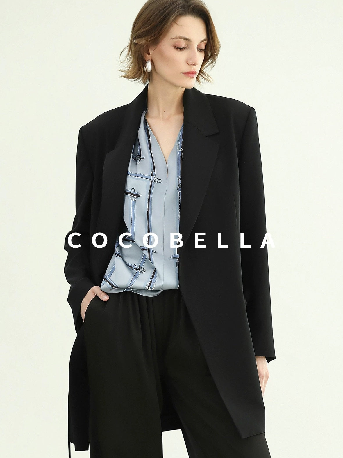 COCOBELLA Tie Waist Pocketed Straight Cut Longline Women Office Black Polyester Blazers