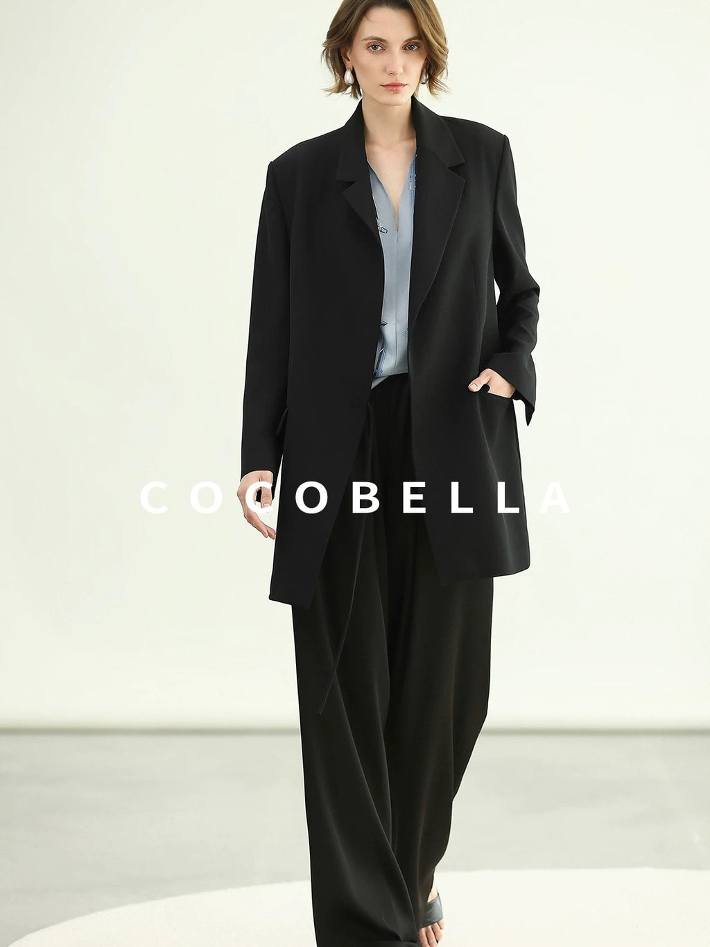 COCOBELLA Tie Waist Pocketed Straight Cut Longline Women Office Black Polyester Blazers