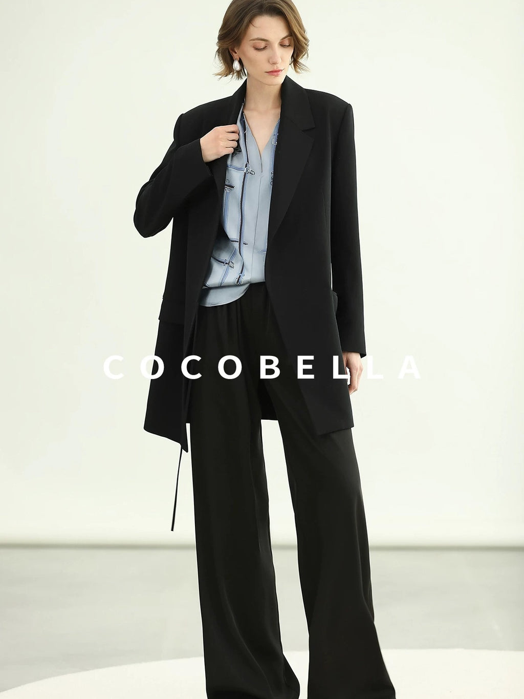 COCOBELLA Tie Waist Pocketed Straight Cut Longline Women Office Black Polyester Blazers