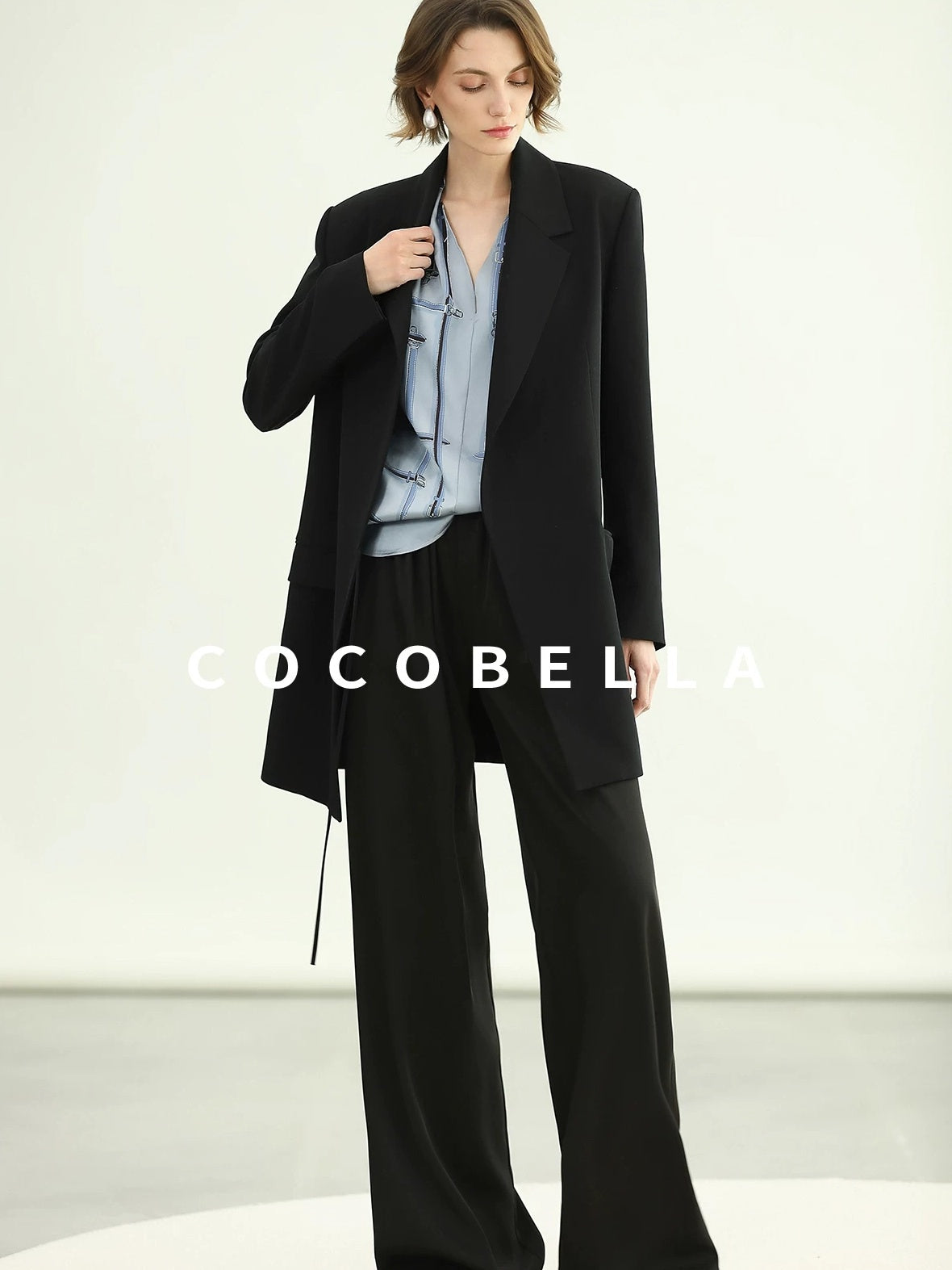 COCOBELLA Tie Waist Pocketed Straight Cut Longline Women Office Black Polyester Blazers