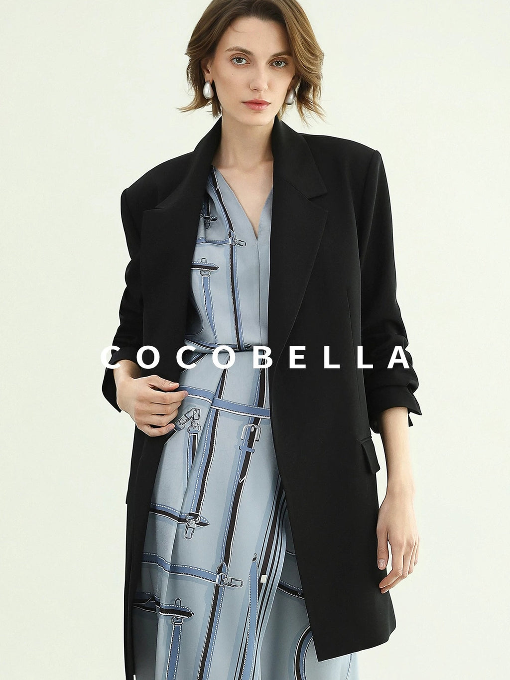 COCOBELLA Tie Waist Pocketed Straight Cut Longline Women Office Black Polyester Blazers