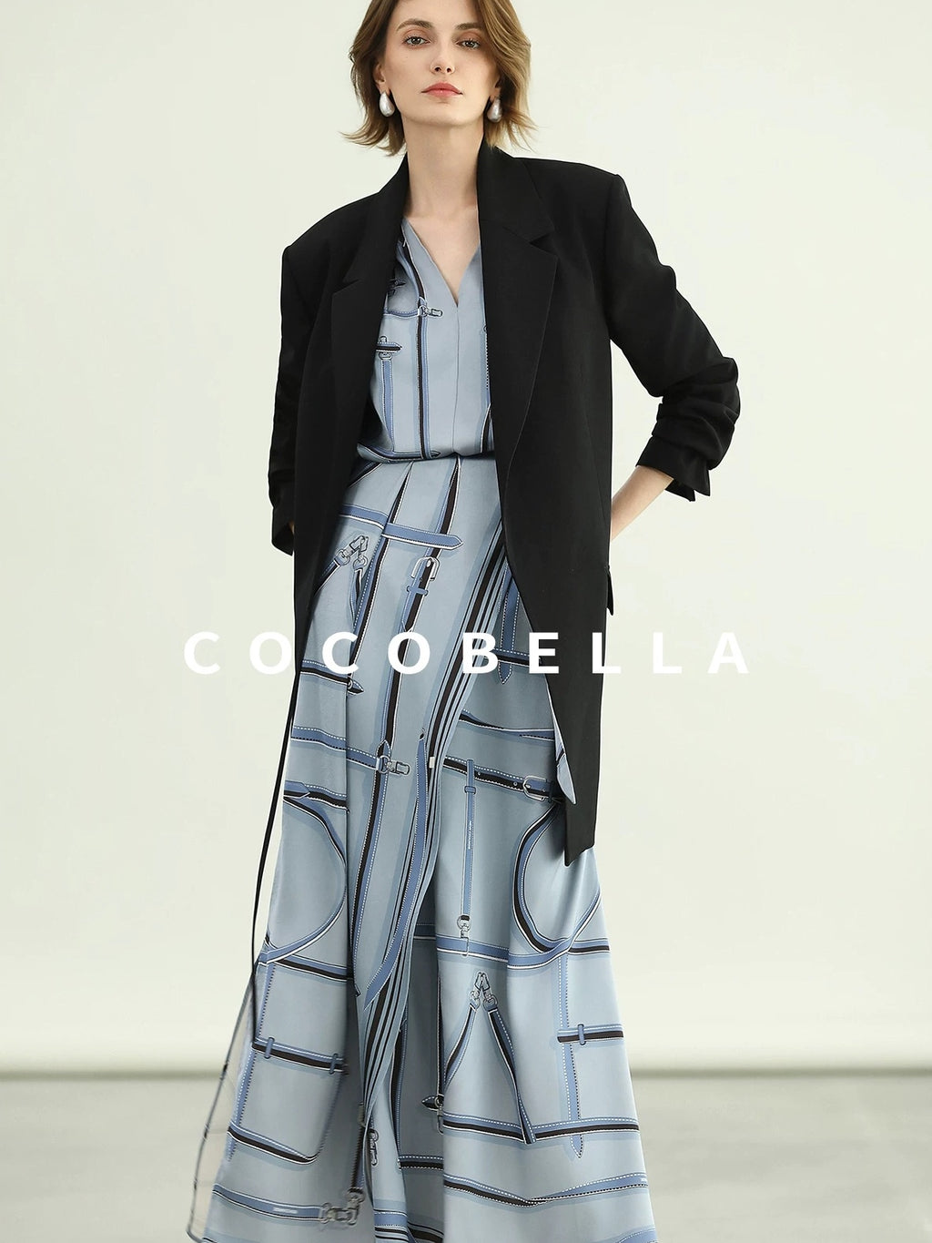 COCOBELLA Tie Waist Pocketed Straight Cut Longline Women Office Black Polyester Blazers