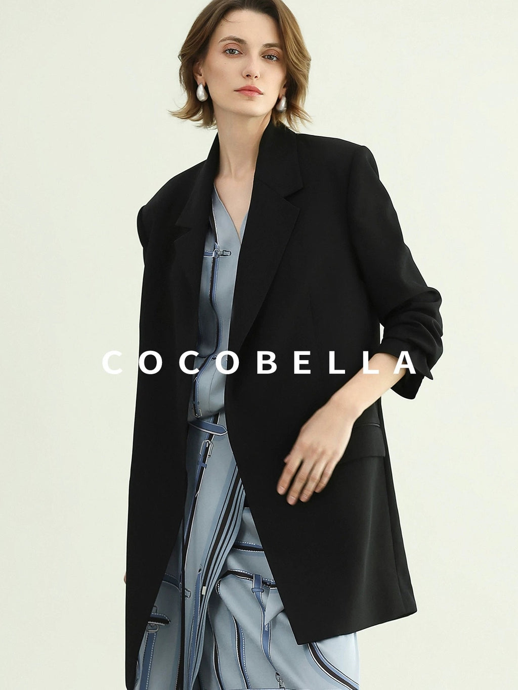COCOBELLA Tie Waist Pocketed Straight Cut Longline Women Office Black Polyester Blazers
