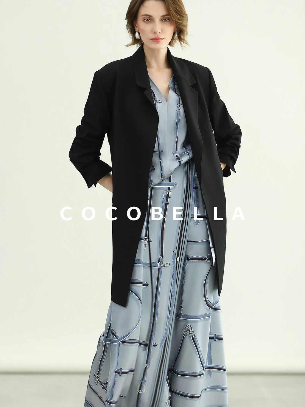 COCOBELLA Tie Waist Pocketed Straight Cut Longline Women Office Black Polyester Blazers