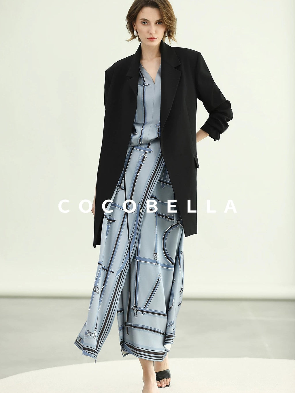 COCOBELLA Tie Waist Pocketed Straight Cut Longline Women Office Black Polyester Blazers