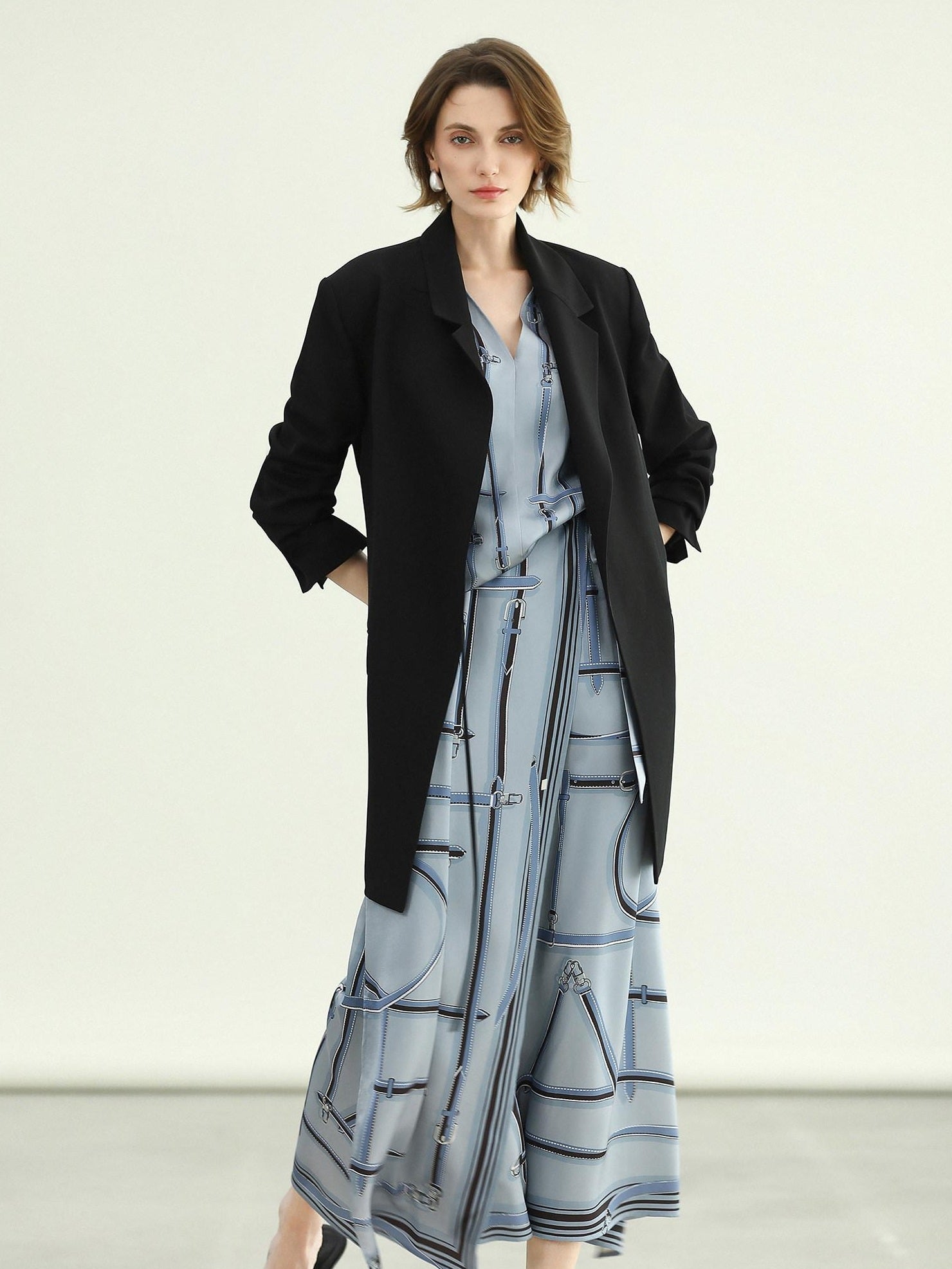 COCOBELLA Tie Waist Pocketed Straight Cut Longline Women Office Black Polyester Blazers