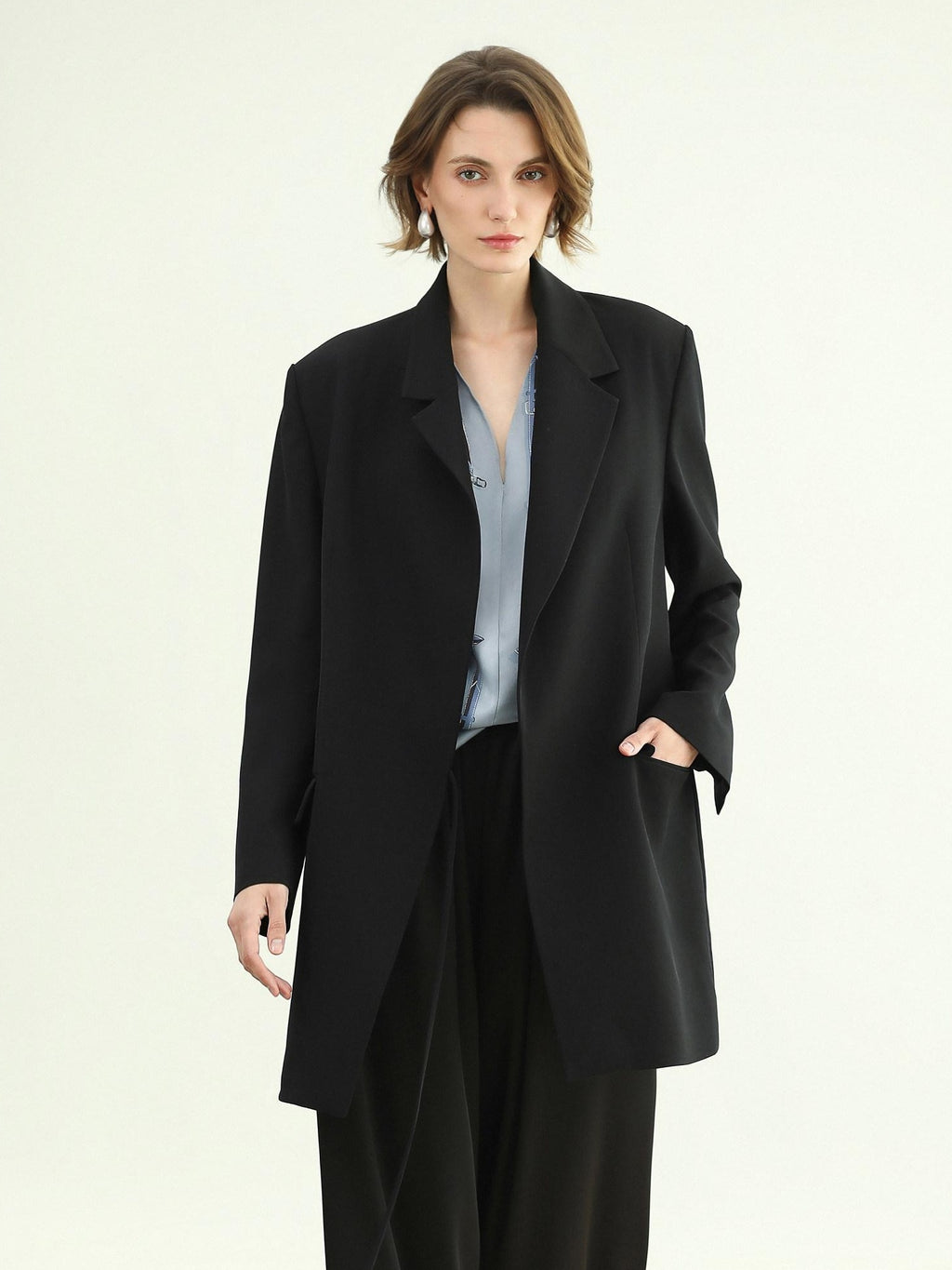 COCOBELLA Tie Waist Pocketed Straight Cut Longline Women Office Black Polyester Blazers